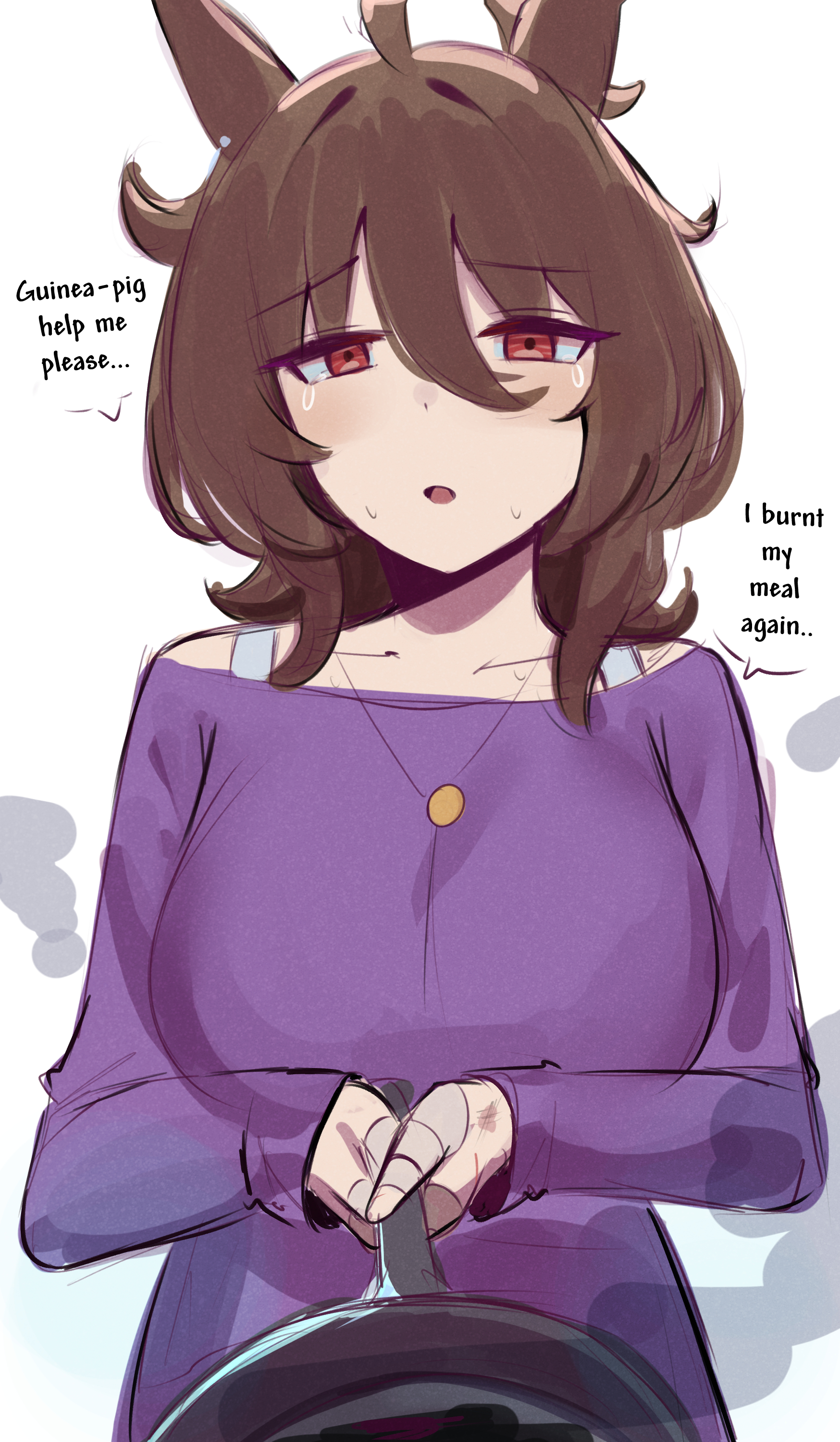 iog626, agnes tachyon (umamusume), umamusume, umamusume: beginning of a new era, absurdres, highres, ahoge, animal ears, bra, bra strap, casual, chemical structure, earrings, frying pan, horse ears, horse girl, horse tail, huge ahoge, jewelry, purple shirt, purple sweater, shirt, single earring, sleeves past fingers, sleeves past wrists, sweater, tail, underwear, wolf cut