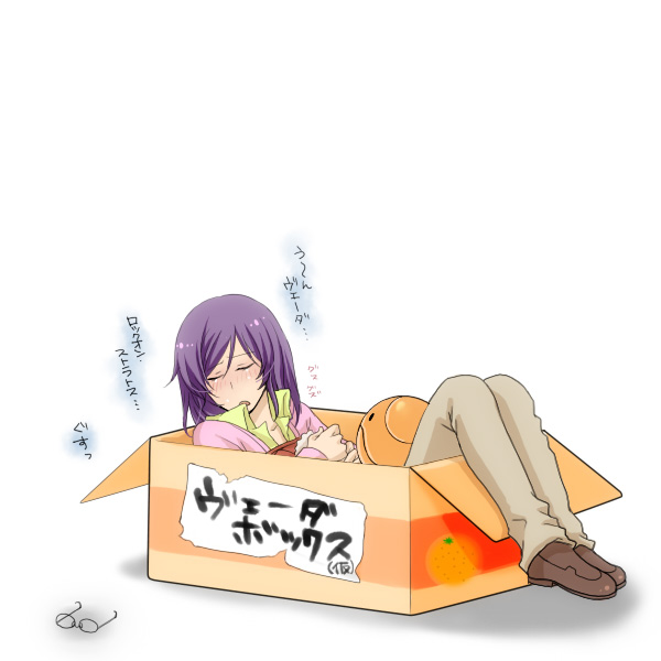 ayase rijin, hitori (edge), tieria erde, gundam, gundam 00, bad id, bad pixiv id, translation request, 00s, 1boy, box, cardboard box, glasses, in container, male focus, mikan box, purple hair, sleeping, solo