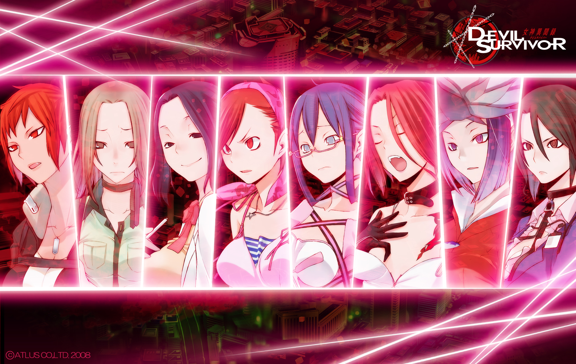 yasuda suzuhito, harusawa yoshino, izuna misaki, komaki midori, kuzuryuu amane, mochizuki mari, office girl (devil survivor), shouji (devil survivor), tanigawa yuzu, atlus, devil survivor (series), devil survivor 1, looking away, striped, highres, official art, official wallpaper, 6+girls, angry, bandana, belt bra, black eyes, black gloves, black hair, blonde hair, blue eyes, bow, breasts, brown eyes, camisole, choker, city, cleavage, closed eyes, collar, dog tags, everyone, flat chest, frown, fur trim, glasses, gloves, glowing, grey hair, hair between eyes, hand on own chest, jacket, jewelry, lab coat, large breasts, leather, leather jacket, lineup, long hair, looking at viewer, medium breasts, multicolored hair, multiple girls, music, necklace, no bra, open clothes, open jacket, open mouth, parted bangs, pen, pendant, pocket, profile, purple eyes, purple hair, red-framed eyewear, red eyes, red hair, short hair, sidelocks, singing, small breasts, smile, spiked hair, star (symbol), swept bangs, upper body, wardrobe malfunction
