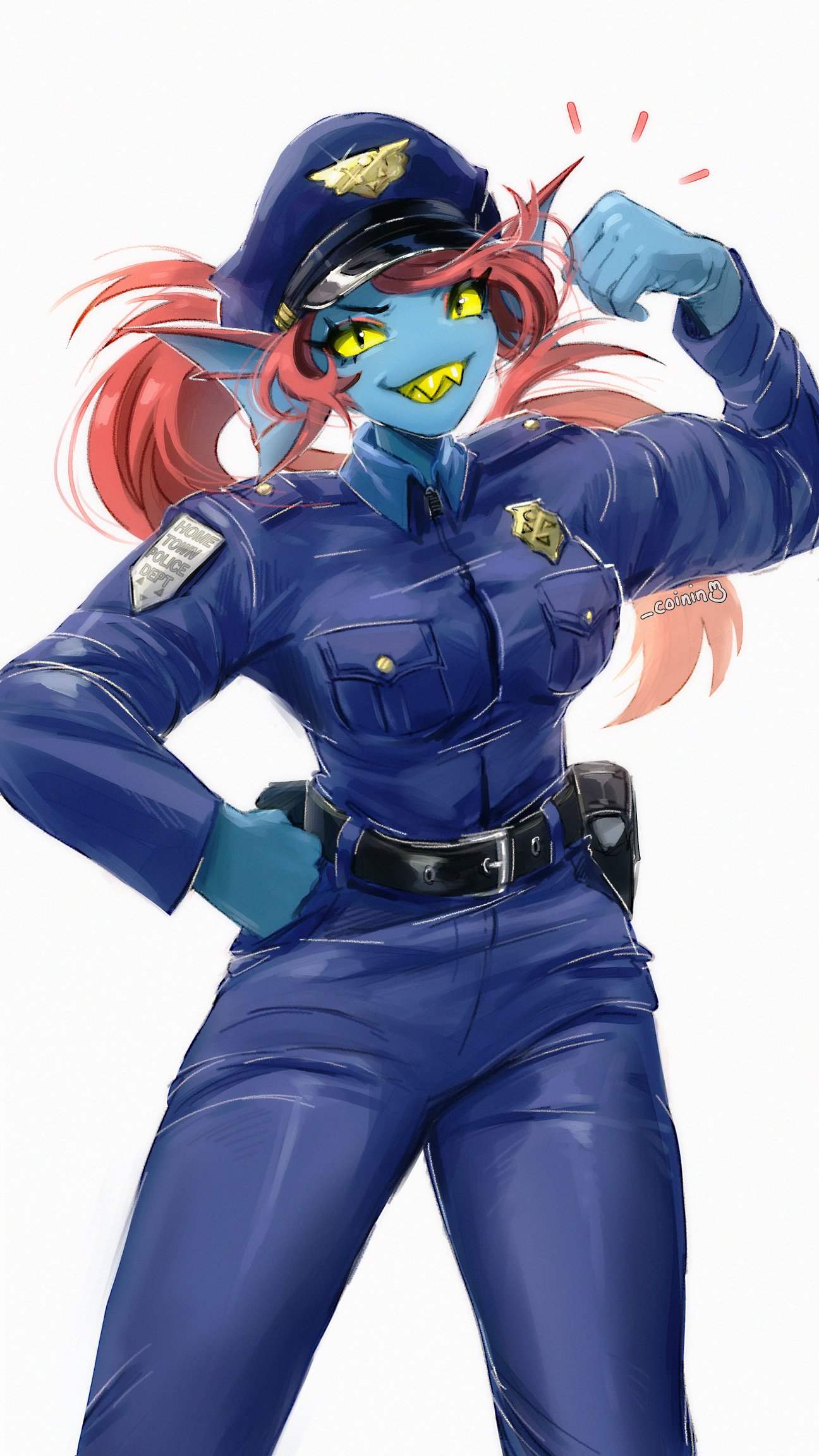 undyne, deltarune, utdr (toby fox), highres, an-coinin, bicep curl, blue jacket, blue pants, blue skin, breasts, colored sclera, colored skin, cowboy shot, eyelashes, fins, grin, hat, head fins, holster, jacket, large breasts, long hair, orange hair, pants, police, police hat, police uniform, policewoman, ponytail, red hair, sharp teeth, simple background, smile, teeth, white background, yellow sclera