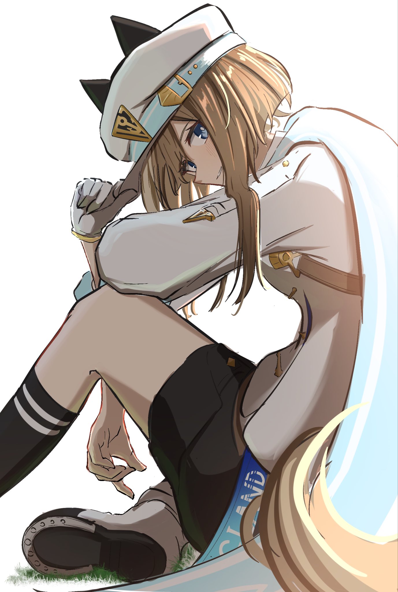 disfiro03, cheval grand (grand itineraire) (umamusume), cheval grand (umamusume), umamusume, highres, 1girl, animal ears, blue eyes, blush, brown hair, ear covers, ears through headwear, hair between eyes, hat, hat belt, horse ears, horse girl, horse tail, looking at viewer, multicolored hair, open mouth, peaked cap, simple background, single ear cover, smile, solo, streaked hair, tail, white background, white hair, white hat