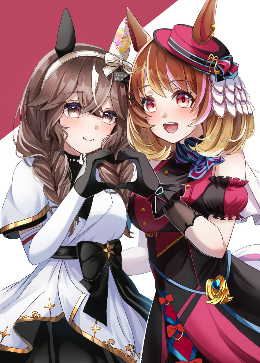 curren bouquetd'or (umamusume), north flight (umamusume), umamusume, 2girls, animal ears, breasts, brown eyes, brown hair, closed mouth, detached sleeves, elbow gloves, gloves, hair between eyes, hair ornament, hairband, heart, heart hands, heart hands duo, horse ears, horse tail, long hair, long sleeves, looking at viewer, medium breasts, medium hair, miru4030, multiple girls, open mouth, ribbon, simple background, smile, tail, teeth, upper teeth only, white background