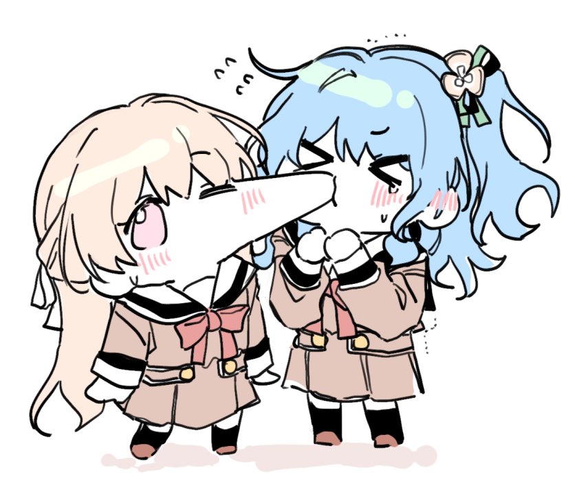 suudori, matsubara kanon, shirasagi chisato, bang dream!, non-web source, > <, 2girls, biting, biting cheek, black socks, blonde hair, blue hair, blush, chibi, chibi only, ear blush, hanasakigawa school uniform, long hair, multiple girls, one eye closed, pink eyes, school uniform, simple background, socks, very long hair, white background, yuri