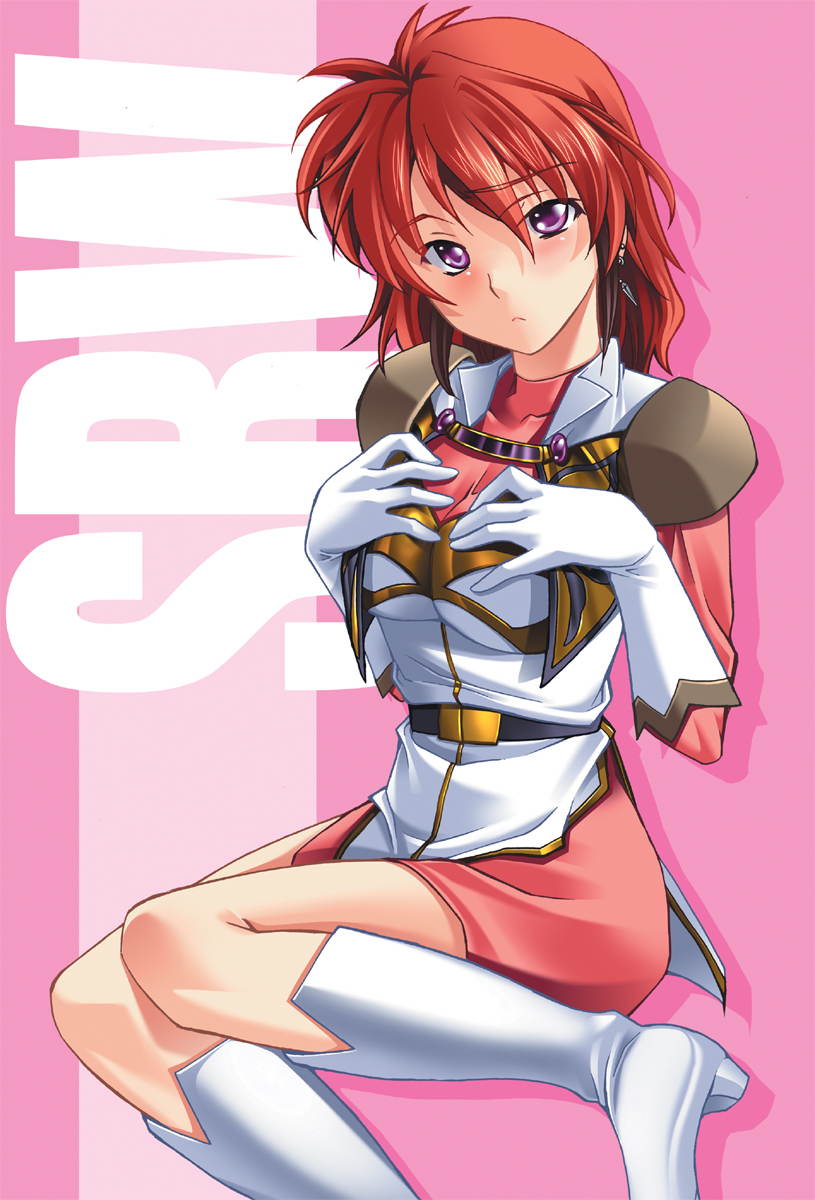 hozumi takashi, ibis douglas, banpresto, super robot wars, highres, blush, boots, gloves, purple eyes, red hair, short hair, solo