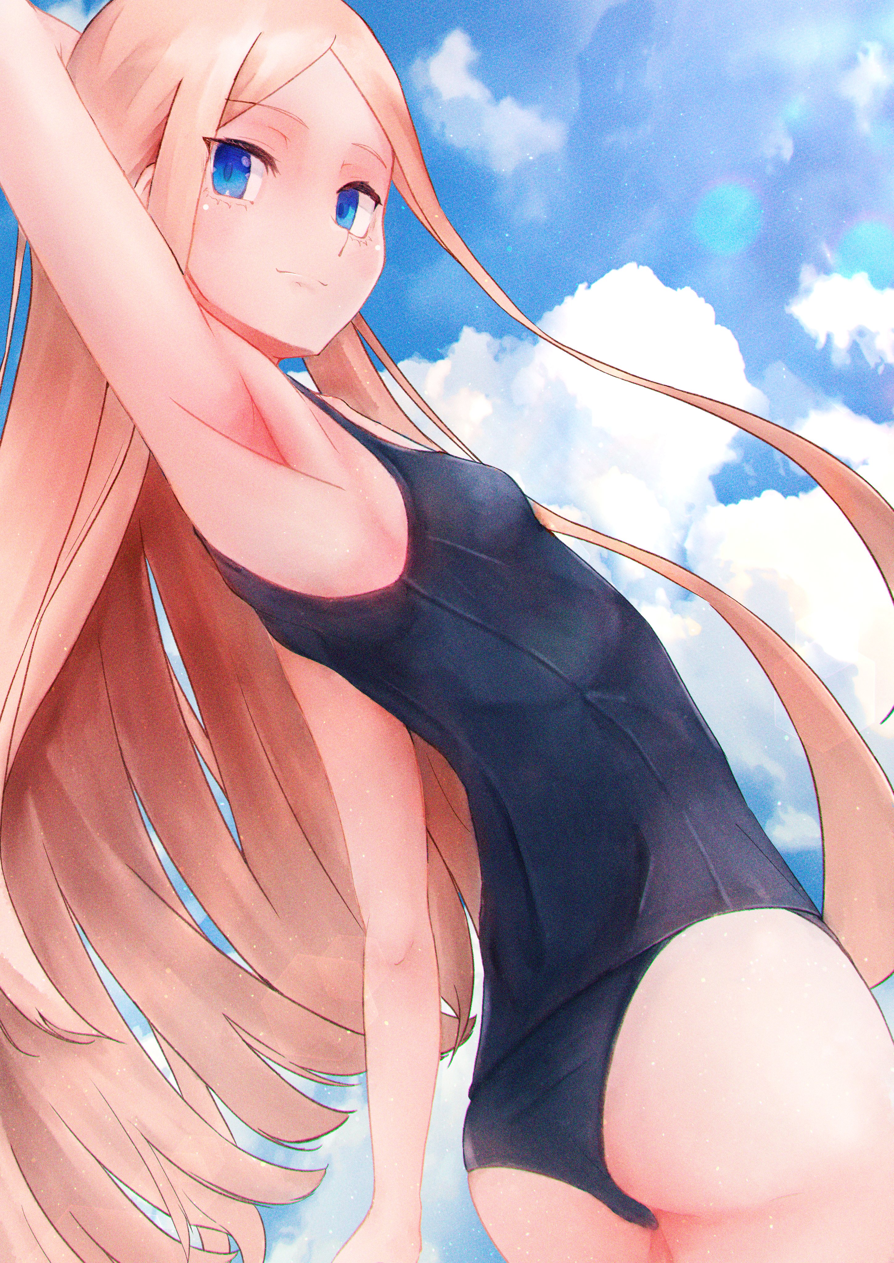 mt (mt 203), abigail williams (fate), fate/grand order, fate (series), absurdres, highres, 1girl, arm up, armpits, ass, black one-piece swimsuit, blonde hair, blue eyes, blue sky, blush, breasts, forehead, long hair, looking at viewer, one-piece swimsuit, parted bangs, school swimsuit, sky, small breasts, solo, swimsuit