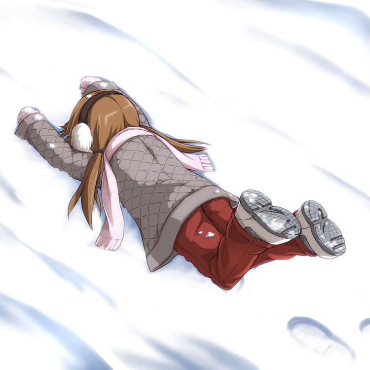 beidan, 1girl, brown hair, child, earmuffs, faceplant, female focus, long hair, scarf, snow, solo, twintails