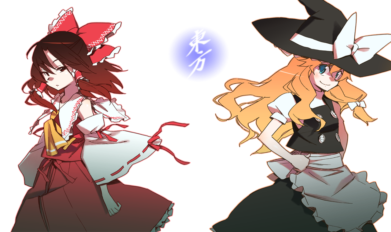 katou haruaki, hakurei reimu, kirisame marisa, touhou, 2girls, blonde hair, blue eyes, brown eyes, brown hair, detached sleeves, female focus, hair ribbon, hat, japanese clothes, long hair, miko, multiple girls, ribbon, witch, witch hat