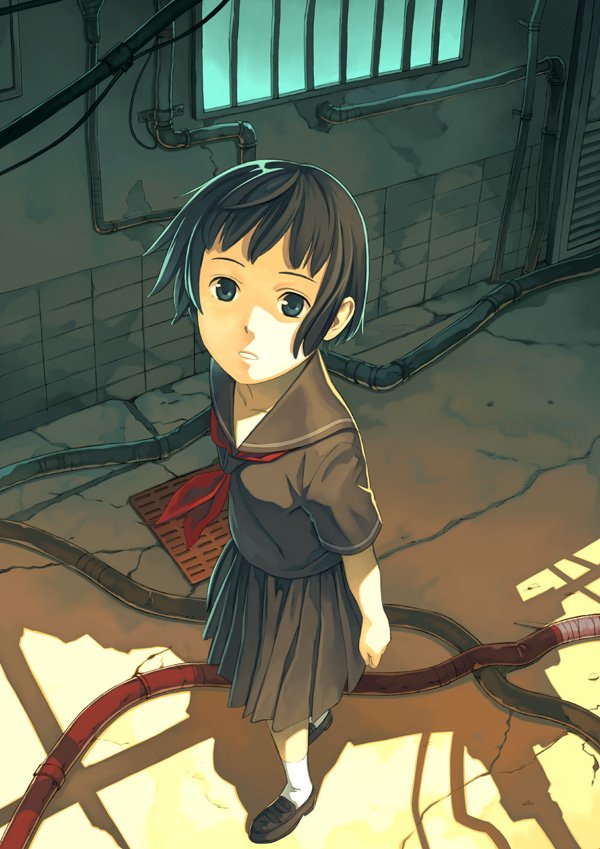 katoh akatsuki, zanzo, tagme, from above, ruins, school uniform, serafuku, short hair