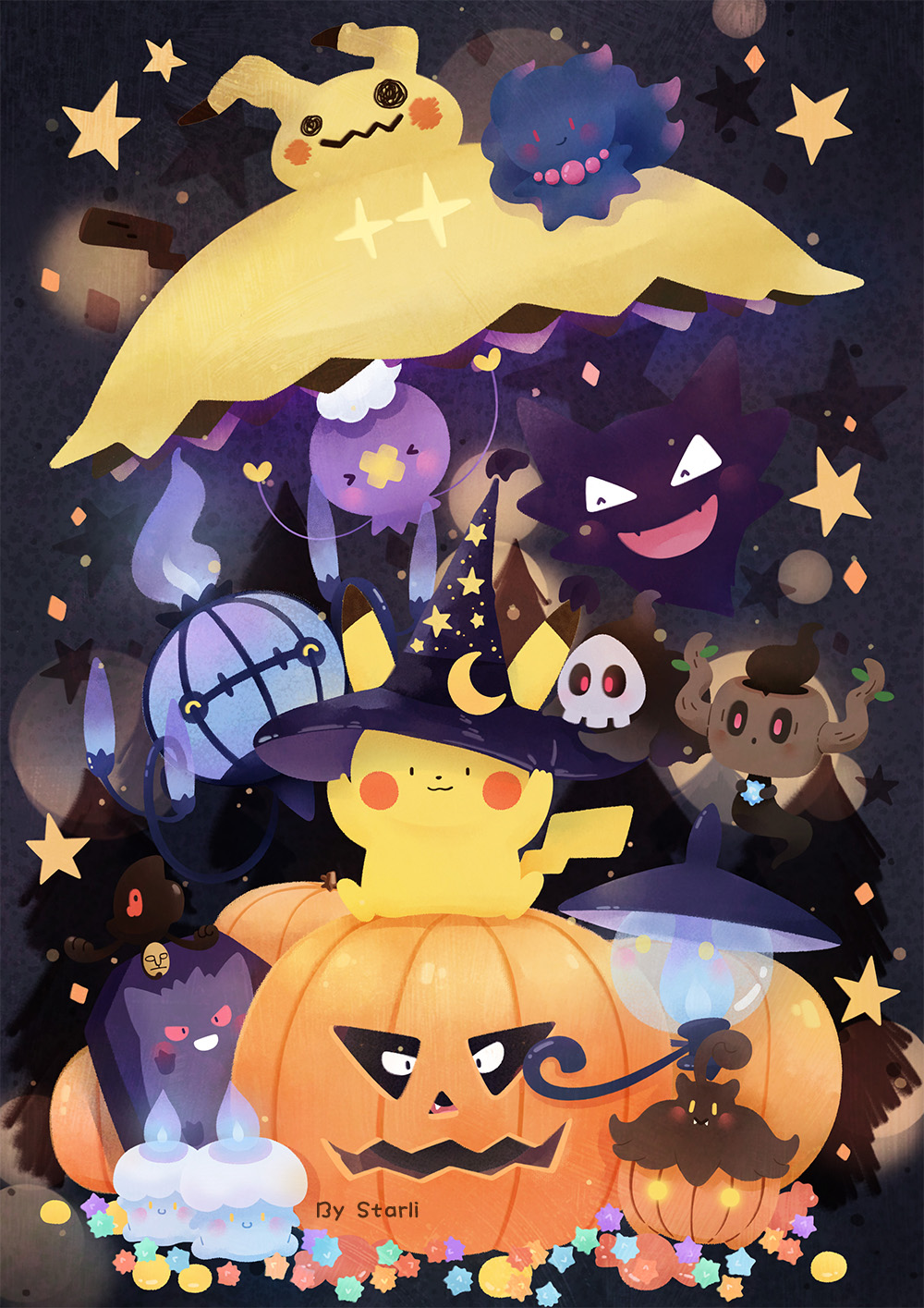 kox hsl, chandelure, drifloon, duskull, gastly, gengar, haunter, lampent, litwick, mimikyu, misdreavus, phantump, pikachu, pumpkaboo, yamask, nintendo, pokemon, commentary, english commentary, highres, > <, gen 1 pokemon, gen 2 pokemon, gen 3 pokemon, gen 4 pokemon, gen 5 pokemon, gen 6 pokemon, gen 7 pokemon, halloween, hat, holding, jack-o'-lantern, open mouth, pokemon (creature), pumpkin, red eyes, signature, smile, solid oval eyes, star (symbol), witch hat