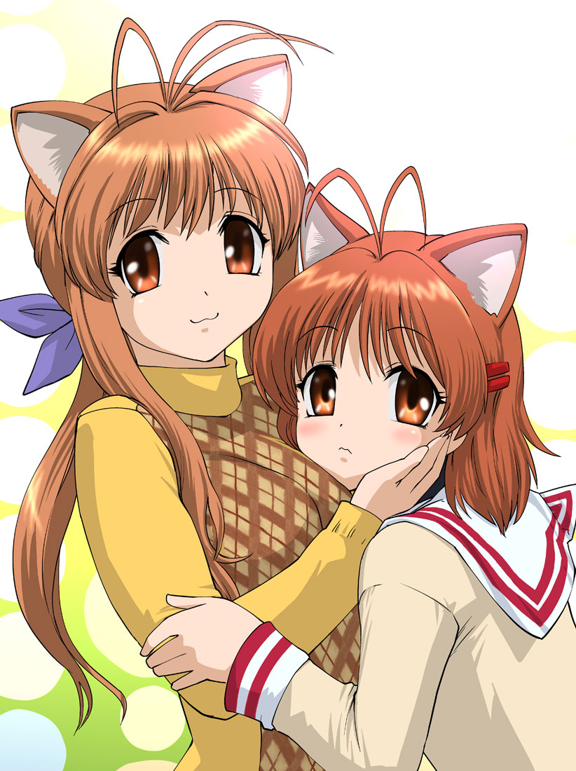 ueyama michirou, furukawa nagisa, furukawa sanae, clannad, 00s, :3, age difference, animal ears, antenna hair, blush, brown eyes, brown hair, cat ears, hair ornament, hairclip, hug, long hair, mother and daughter, orange eyes, ponytail, school uniform, short hair