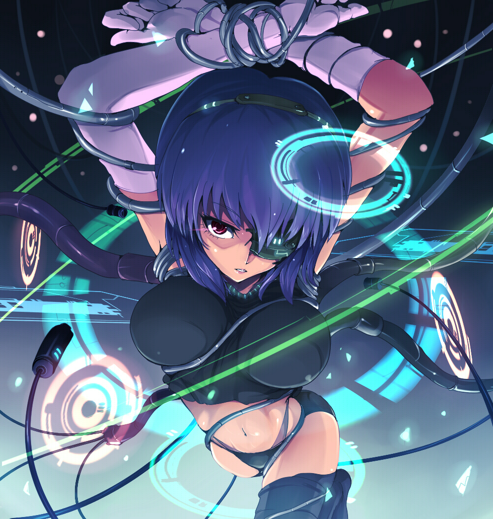 kasai shin, kusanagi motoko, ghost in the shell, 1girl, bikini, bikini bottom only, breasts, cable, crop top, cyborg, elbow gloves, eyepatch, female focus, gloves, glowing, head-mounted display, headband, holographic interface, internet, neon lights, purple hair, red eyes, short hair, solo, swimsuit, thighhighs