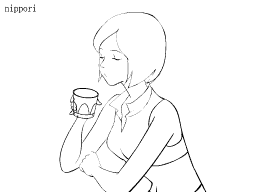 mizukiyo jiro, nippori honsha, meiko (vocaloid), vocaloid, animated, animated gif, cup, drinking glass, greyscale, laughing, monochrome, solo, stretching