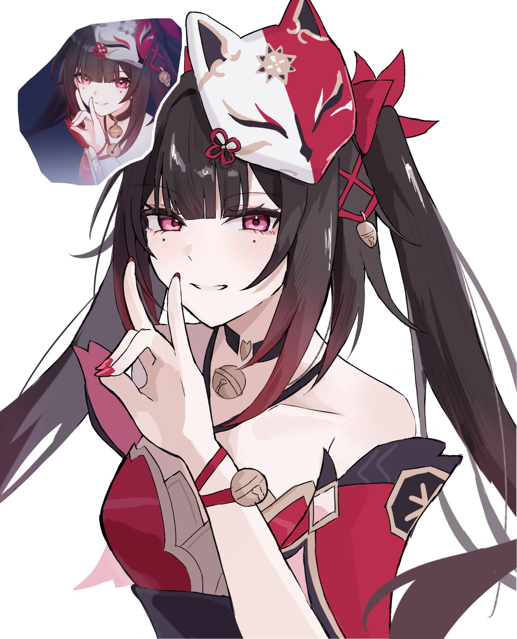 961 kuru, sparkle (honkai: star rail), honkai: star rail, honkai (series), highres, 1girl, bare shoulders, bell, black choker, black hair, choker, detached sleeves, eidolon (honkai: star rail), fox mask, fox shadow puppet, grin, hair bell, hair ornament, looking at viewer, mark under both eyes, mask, mask on head, neck bell, pink eyes, red nails, reference inset, smile, twintails