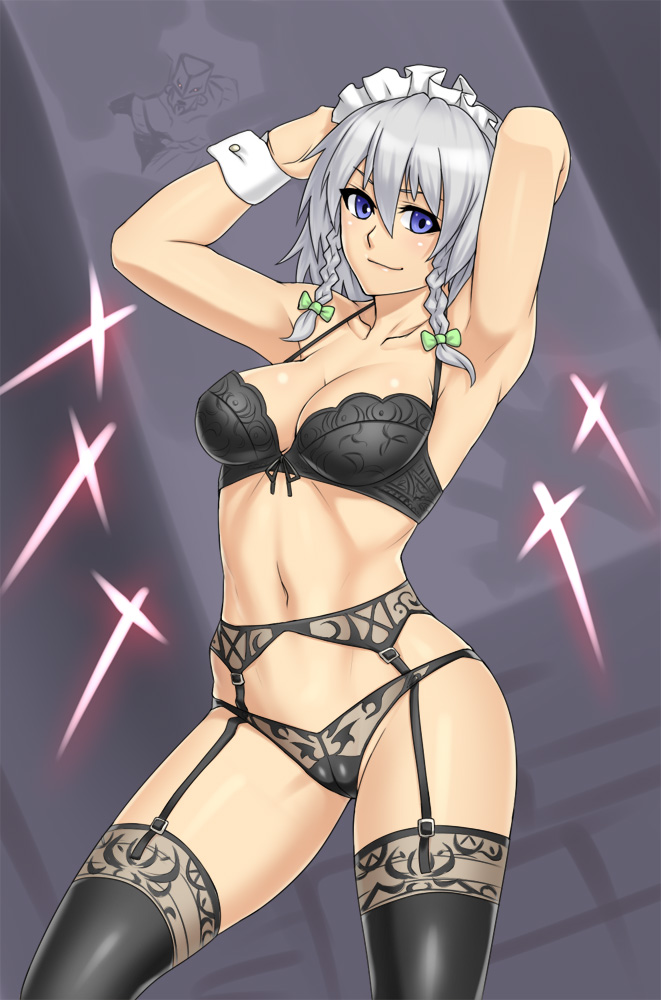 houtengeki, izayoi sakuya, the world, jojo no kimyou na bouken, touhou, lace-trimmed legwear, silver hair, 1girl, armpits, black bra, black panties, black thighhighs, blue eyes, bra, braid, breasts, cleavage, female focus, garter belt, lace, lace trim, large breasts, lingerie, navel, panties, parody, ribbon, short hair, solo, stand (jojo), thighhighs, twin braids, underwear, underwear only, when you see it, wrist cuffs