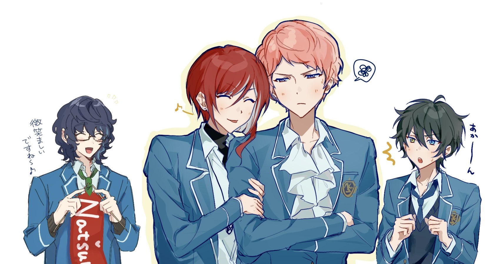 so this is xx, aoba tsugumi, itsuki shu, kagehira mika, sakasaki natsume, ensemble stars!, commentary request, highres, translation request, 4boys, ascot, black hair, blazer, blue eyes, blue jacket, blue necktie, character name, clenched hands, closed mouth, collared shirt, glasses, green necktie, hair between eyes, hands up, heterochromia, holding, index finger raised, jacket, jewelry, lapels, long sleeves, male focus, medium hair, multiple boys, musical note, necklace, necktie, notched lapels, open clothes, open jacket, open mouth, pink hair, purple eyes, school uniform, shirt, short bangs, short hair, simple background, turtleneck, upper body, white background, yellow eyes, yumenosaki school uniform