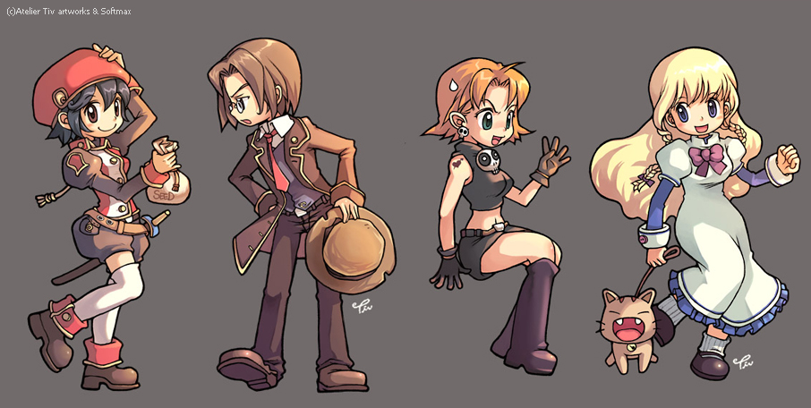 tiv, ispin charles, maximin liebkne, mila nebraska, tichiel juspian, nexon, softmax, tales weaver, archived source, commentary, english commentary, official art, photoshop (medium), 1boy, 3girls, 4leaf, artist name, bag, bell, belt, belted shorts, black gloves, black hair, black shirt, black shoes, black shorts, blonde hair, blue dress, blue eyes, blush stickers, boots, bow, braid, breasts, brown belt, brown cat, brown coat, brown eyes, brown fur, brown hair, brown hat, brown pants, brown shoes, brown shorts, brown sleeves, buttoned cuffs, buttons, cat, clenched hand, coat, collared dress, collared jacket, collared shirt, company name, crop top, curtained hair, dated commentary, dress, dress bow, dress pants, earrings, english text, fangs, flipped hair, foot up, forehead, full body, glass, glasses, gloves, gold buttons, green eyes, grey vest, hair between eyes, hair bow, hair intakes, hand on own hip, hat, heart, heart tattoo, high collar, holding, holding bag, holding leash, invisible chair, jacket, jewelry, juliet sleeves, knee boots, layered sleeves, leash, leg up, legs apart, legs together, long dress, long hair, long sleeves, looking at another, looking at viewer, loose belt, low-braided long hair, low-tied long hair, mary janes, medium breasts, medium hair, multiple girls, neck bell, necktie, open clothes, open coat, open hand, open mouth, pants, pince-nez, pocket, print vest, profile, puffy short sleeves, puffy shorts, puffy sleeves, purple boots, purple bow, red hat, red jacket, red necktie, ribbed socks, round eyewear, seed bag, sheath, sheathed, shirt, shoes, short over long sleeves, short sleeves, shorts, shoulder tattoo, signature, sitting, skull earrings, skull ornament, sleeve cuffs, sleeveless, sleeveless jacket, sleeveless shirt, socks, standing, striped fur, sweatdrop, sword, tassel, tattoo, thighhighs, tongue, turtleneck, turtleneck shirt, twin braids, unbuttoned, v-shaped eyebrows, very long hair, vest, waistcoat, weapon, whiskers, white bag, white dress, white shirt, white socks, white thighhighs, wing collar, wing print