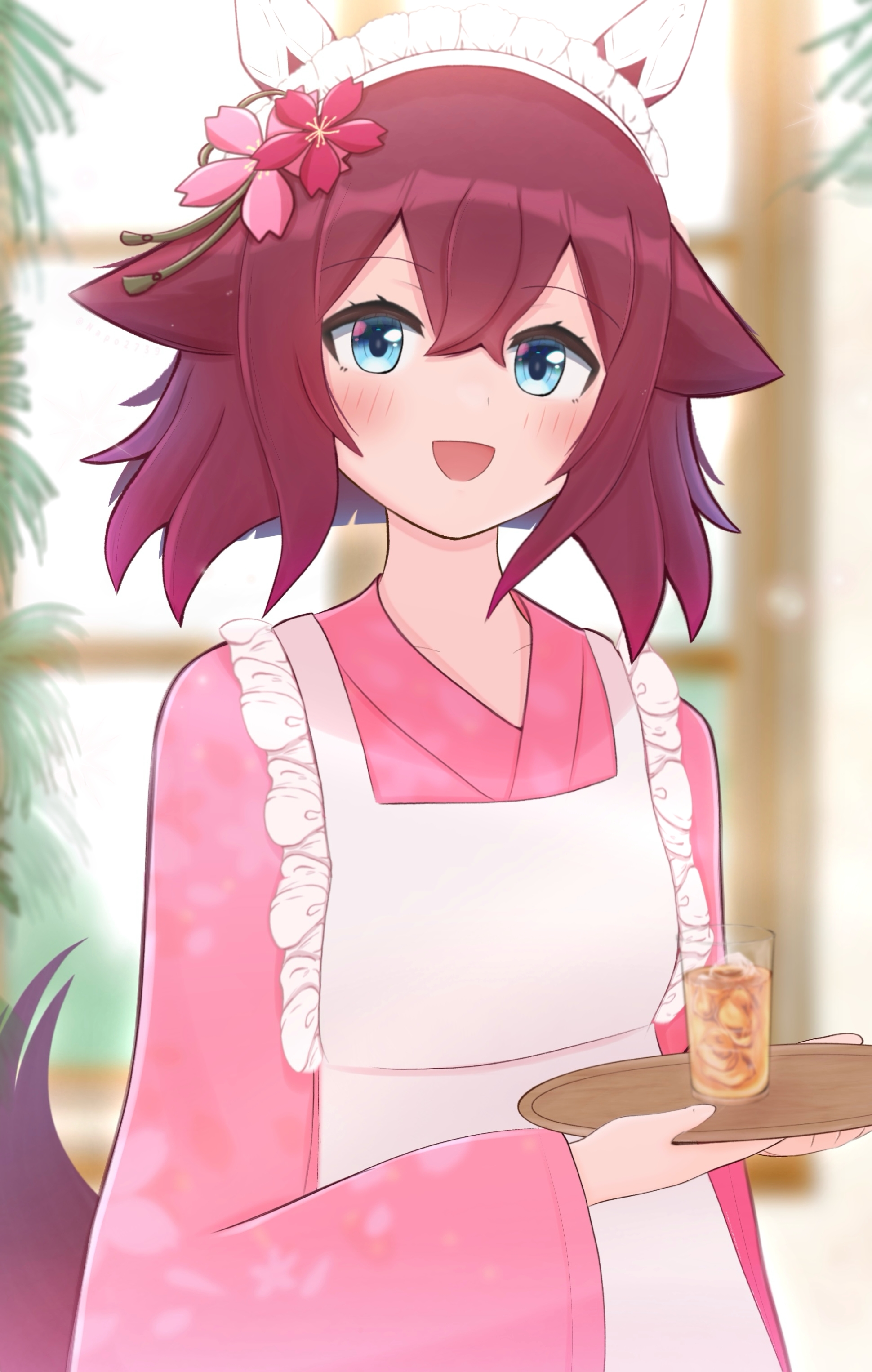 napo (user vktv7727), sakura chiyono o (umamusume), umamusume, absurdres, highres, 1girl, animal ears, apron, blue eyes, blush, breasts, cup, drink, flower, hair between eyes, hair flaps, hair flower, hair ornament, horse ears, horse girl, horse tail, japanese clothes, looking at viewer, maid, medium breasts, medium hair, pink hair, solo, tail, tray, wa maid