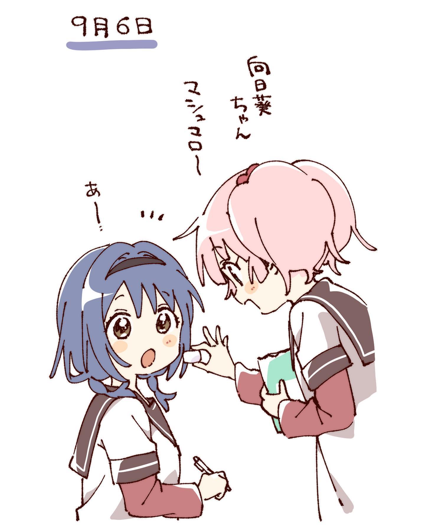 namori, furutani himawari, yoshikawa chinatsu, yuruyuri, hashtag-only commentary, highres, translation request, 2girls, :d, :o, blue hair, blush stickers, braid, brown eyes, brown sailor collar, cropped torso, dress, feeding, food, hair bobbles, hair ornament, holding, holding food, holding pen, layered sleeves, long sleeves, marshmallow, multiple girls, nanamori school uniform, notice lines, open mouth, pen, pink hair, pleated dress, red dress, sailor collar, school uniform, shirt, short hair, short over long sleeves, short sleeves, short twintails, simple background, smile, twin braids, twintails, white background, white shirt, winter uniform
