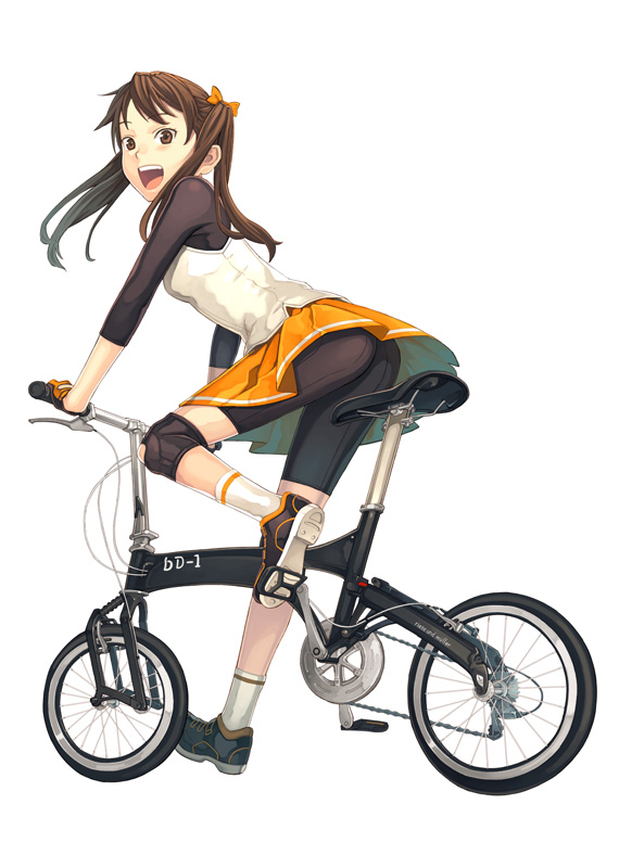katoh akatsuki, zanzo, original, ass, bicycle, bike shorts, brown eyes, brown hair, knee pads, legs, long hair, looking back, open mouth, shoes, simple background, skirt, smile, spandex, twintails