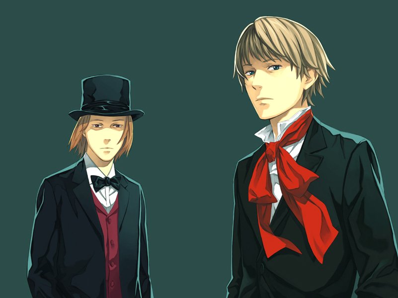 katoh akatsuki, zanzo, bad id, bad pixiv id, 2boys, formal clothes, hat, male focus, multiple boys, necktie, suit, top hat