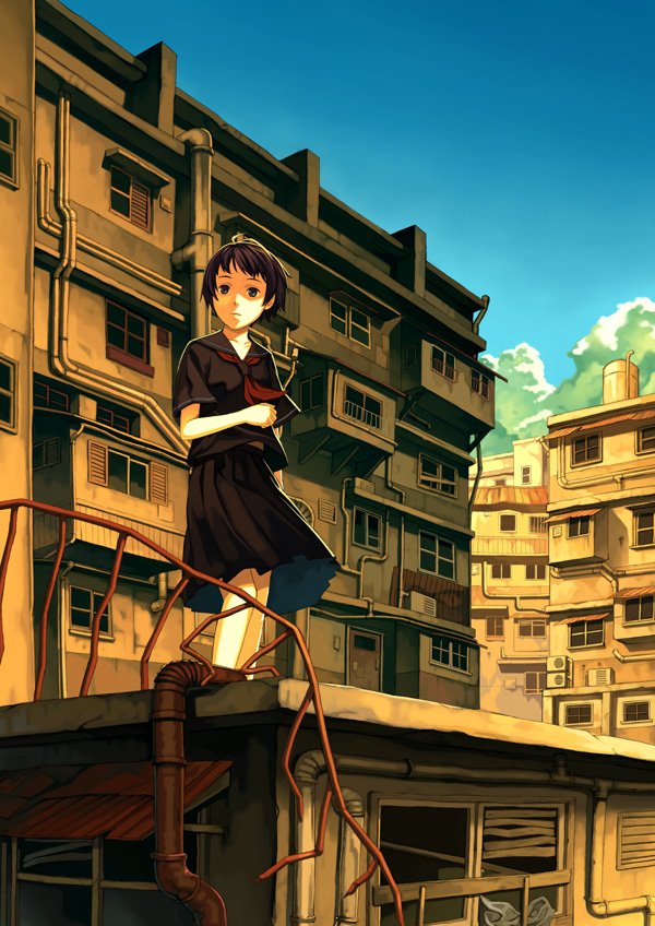 katoh akatsuki, zanzo, tagme, ruins, school uniform, serafuku, short hair, solo, urban