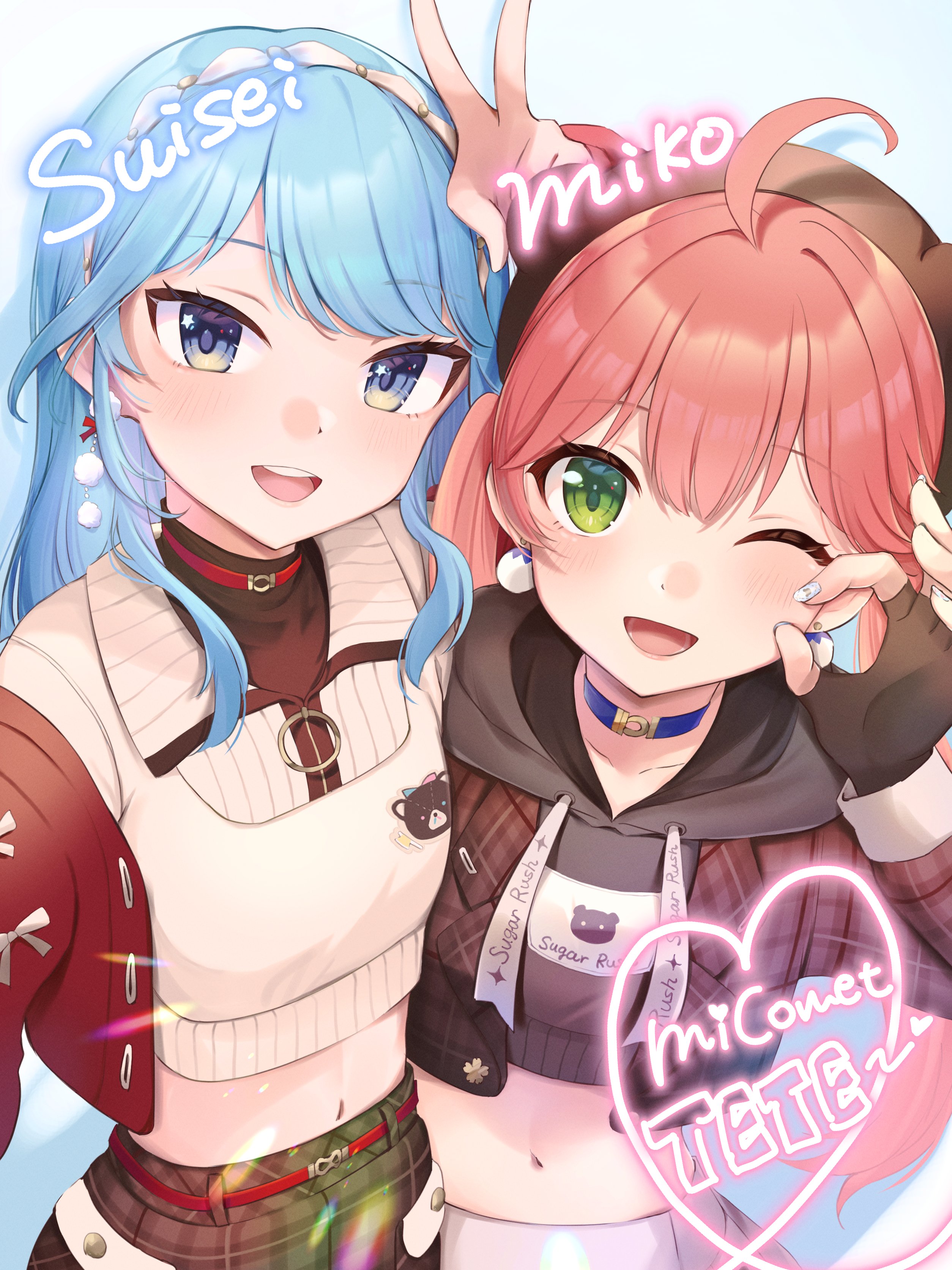ogura32, hoshimachi suisei, hoshimachi suisei (micomet), sakura miko, sakura miko (micomet), hololive, absurdres, highres, 2girls, blue eyes, blue hair, blush, cheek pinching, green eyes, hand on another's cheek, hand on another's face, looking at viewer, multiple girls, navel, official alternate costume, one eye closed, pinching, pink hair, star (symbol), star in eye, symbol in eye, v, virtual youtuber
