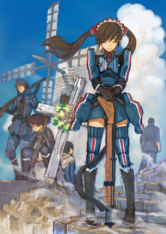 hirokiku, alicia melchiott, brigitte stark, isara gunther, welkin gunther, sega, senjou no valkyria, senjou no valkyria (series), senjou no valkyria 1, bad id, bad pixiv id, 00s, 2boys, 3girls, cross, grave, gun, military, military uniform, multiple boys, multiple girls, thighhighs, twintails, weapon, windmill
