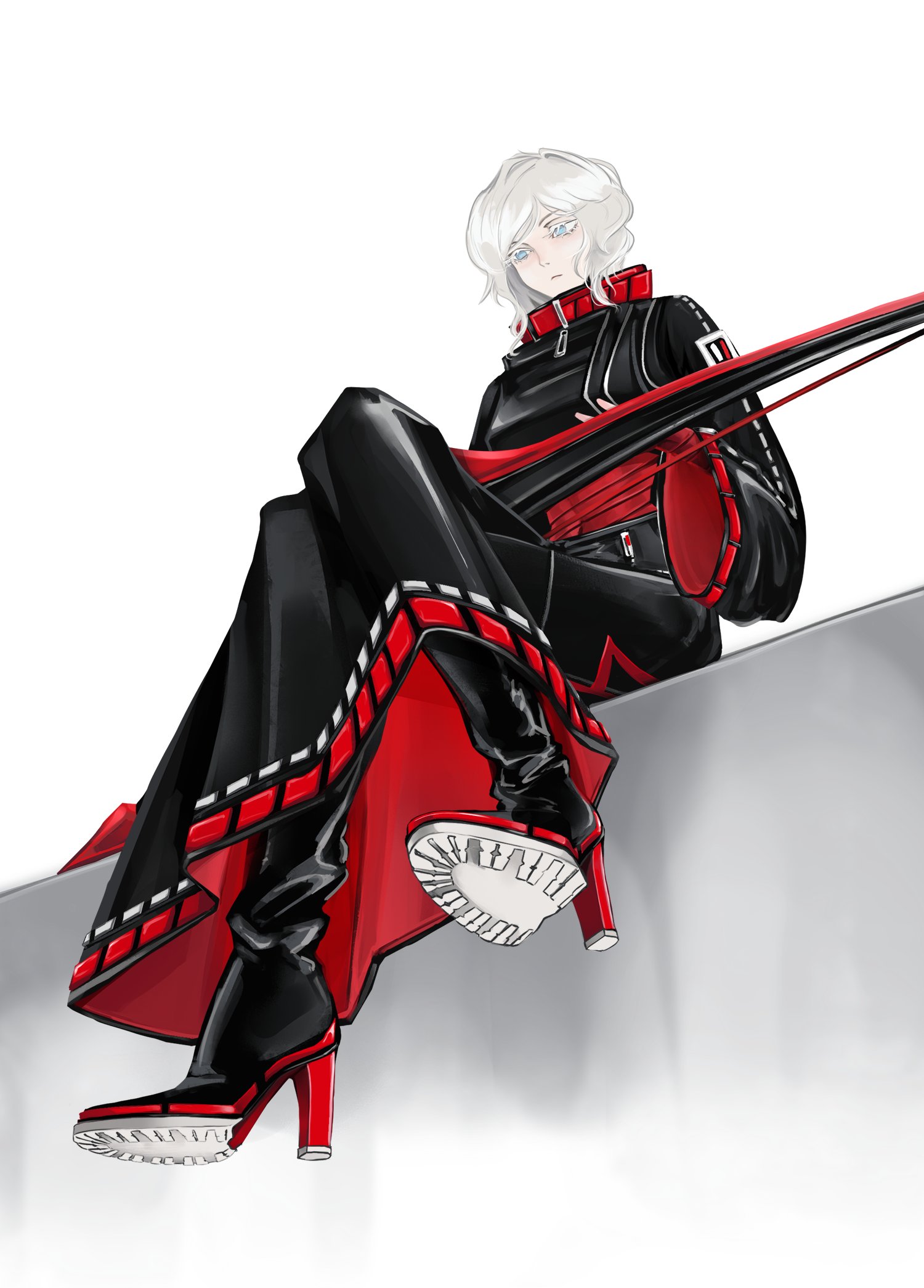 faust (project moon), limbus company, project moon, commentary, english commentary, highres, 1girl, archery shooting glove, black boots, black jacket, black shoes, blue eyes, boots, bow (weapon), closed mouth, colored eyelashes, covered navel, cropped jacket, crossed legs, expressionless, full body, gloves, grey hair, high heel boots, high heels, holding, holding bow (weapon), holding weapon, jacket, long skirt, long sleeves, partially fingerless gloves, shi association east uniform, shoes, short hair, simple background, sitting, skirt, solo, weapon, white background, white eyelashes, white hair, wide sleeves, zio 444, zipper pull tab