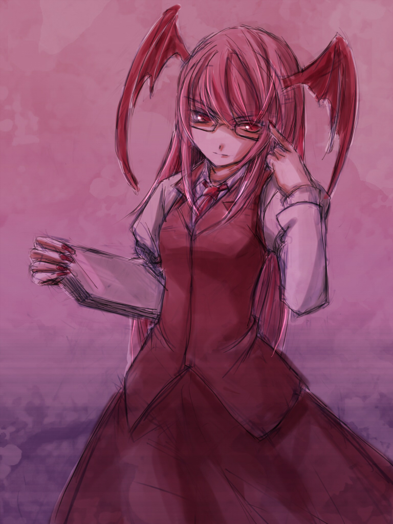 kuronuko neero, koakuma, embodiment of scarlet devil, touhou, bad id, bad pixiv id, 1girl, bat wings, bespectacled, female focus, glasses, head wings, long hair, red eyes, red hair, solo, standing, wings