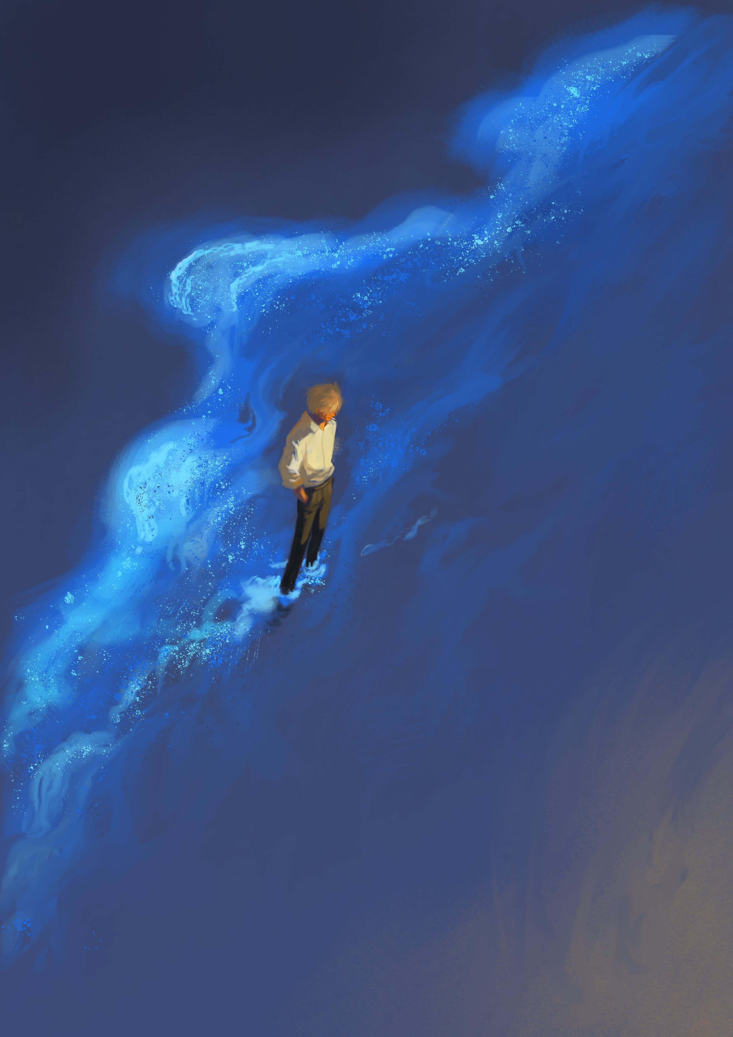 jennyandloiryan, sanji (one piece), one piece, absurdres, commentary, highres, symbol-only commentary, 1boy, black pants, blonde hair, cigarette, from above, full body, hands in pockets, male focus, ocean, pants, shirt, short hair, smoking, wading, white shirt, wide shot