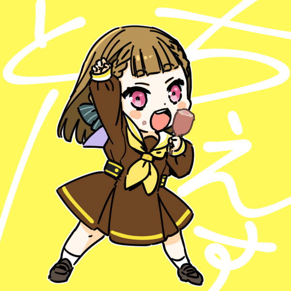 shinanoya (satanicad), kachimachi kosuzu, link! like! love live!, love live!, commentary request, 1girl, :d, black bow, black shoes, blush stickers, bow, braid, brown dress, brown hair, center-flap bangs, chesto (phrase), corn dog, deformed, dress, food, food on face, full body, hair bow, hasu no sora school uniform, holding, holding food, loafers, long hair, looking at viewer, neckerchief, open mouth, pink eyes, pinstripe bow, sailor collar, sailor dress, school uniform, shoes, side braids, smile, socks, solo, text background, virtual youtuber, white sailor collar, white socks, winter uniform, yellow background, yellow neckerchief