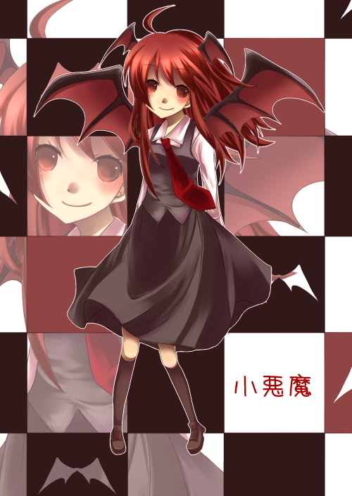 ia (artist), ia (carat), koakuma, embodiment of scarlet devil, touhou, bad id, bad pixiv id, 1girl, bad anatomy, bat wings, blush, character name, female focus, head wings, kneehighs, long hair, necktie, poorly drawn, red eyes, red hair, socks, solo, wings, zoom layer