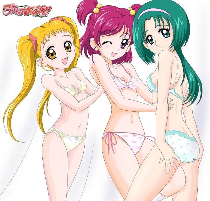 zai jian kanchou, akimoto komachi, kasugano urara (yes! precure 5), yumehara nozomi, precure, yes! precure 5, non-web source, 00s, 3girls, blonde hair, bra, eyelashes, green eyes, green hair, hair bobbles, hair ornament, hairband, lingerie, long hair, multiple girls, navel, one eye closed, panties, purple eyes, red hair, side-tie panties, smile, twintails, two side up, underwear, underwear only, wink, yuri
