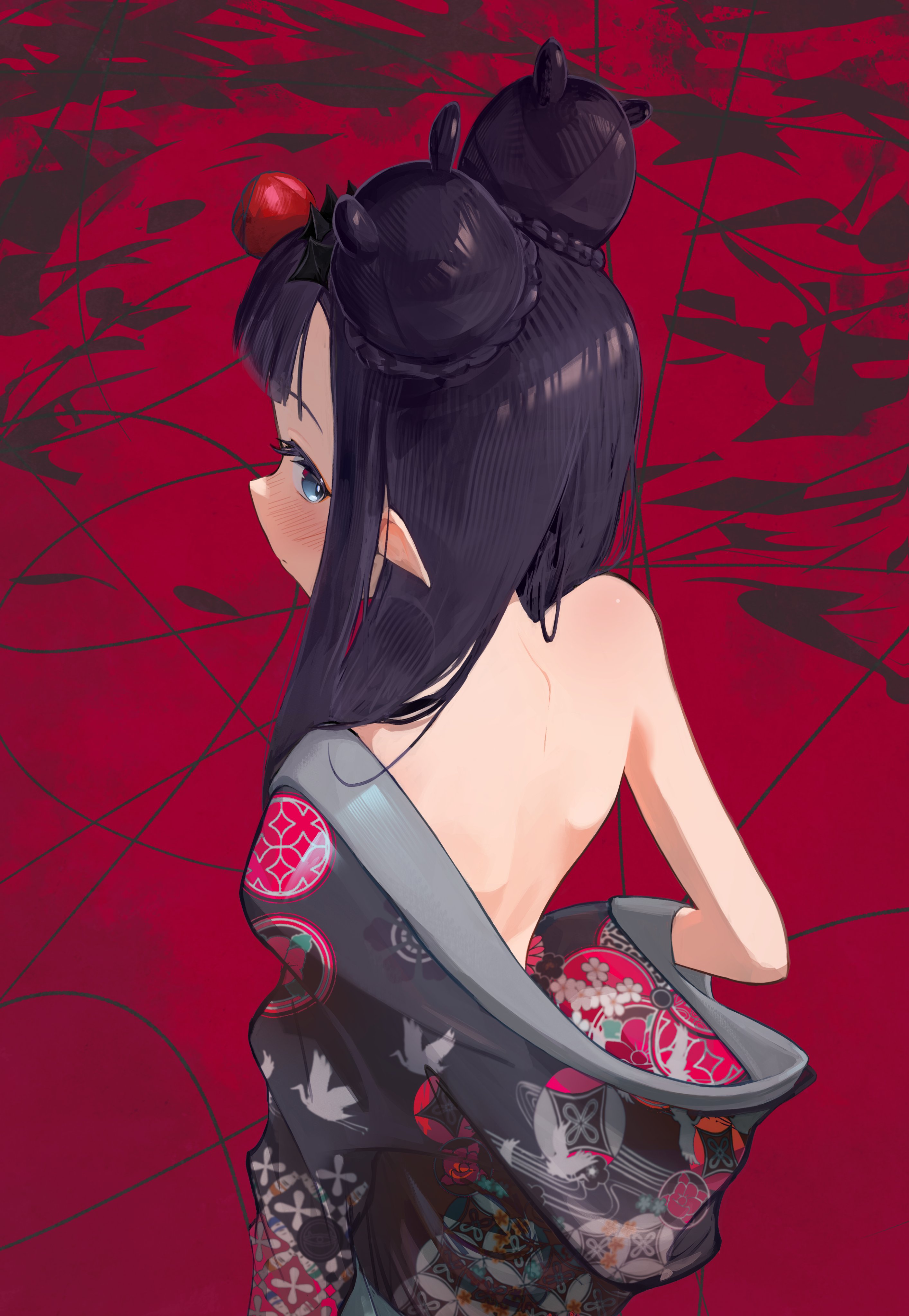 besi (besidoesart), ninomae ina'nis, ninomae ina'nis (new year), hololive, hololive english, absurdres, highres, 1girl, back, back focus, blue eyes, blush, double bun, from above, from behind, hair bun, japanese clothes, kimono, long hair, open clothes, open kimono, pointy ears, purple hair, red background, virtual youtuber