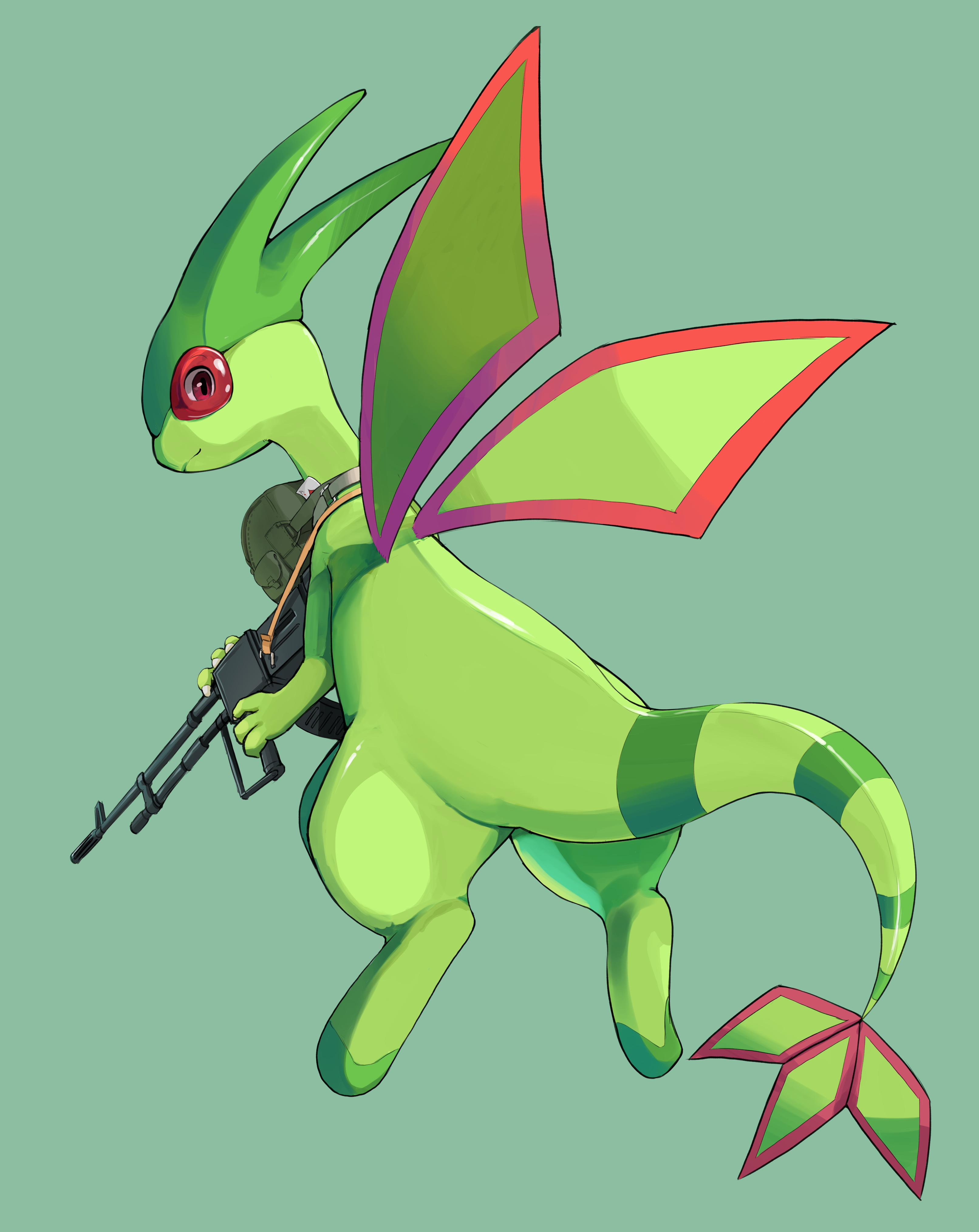 yupa (notebook14), flygon, nintendo, pokemon, absurdres, commentary, english commentary, highres, weapon request, ace (playing card), ace of diamonds, bag, card, closed mouth, diamond (shape), full body, gen 3 pokemon, green background, gun, holding, holding gun, holding weapon, looking back, no humans, playing card, pokemon (creature), red eyes, simple background, solo, weapon