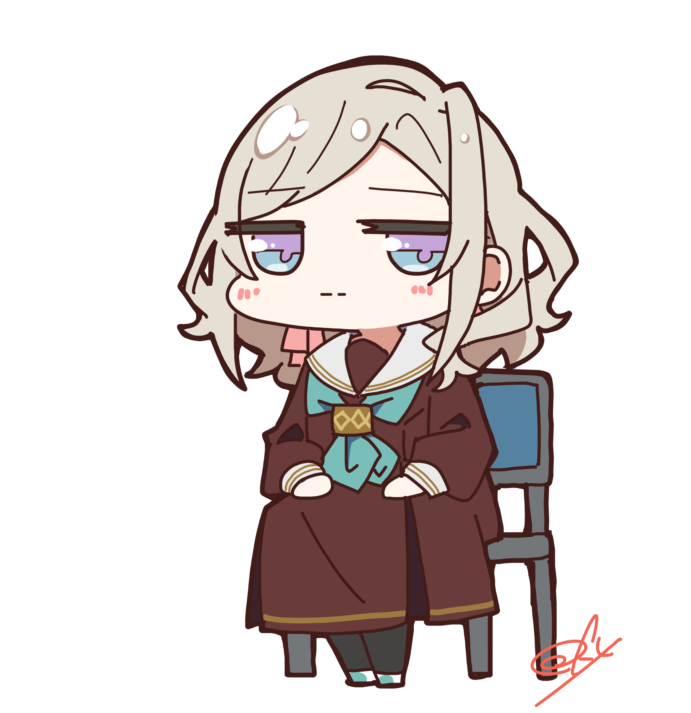 oofushi ao, ceras yanagida lilienfeld, link! like! love live!, love live!, absurdres, highres, 1girl, :|, aqua neckerchief, aqua shoes, black pantyhose, blue eyes, brown dress, chair, chibi, chibi only, closed mouth, dress, full body, grey hair, hair ribbon, hands on lap, hasu no sora school uniform, jitome, long sleeves, looking at viewer, medium dress, neckerchief, on chair, pantyhose, parted bangs, pink ribbon, pleated dress, purple eyes, ribbon, sailor collar, sailor dress, school uniform, shoes, signature, sitting, solo, speech bubble, split mouth, virtual youtuber, wavy hair, white sailor collar, winter uniform