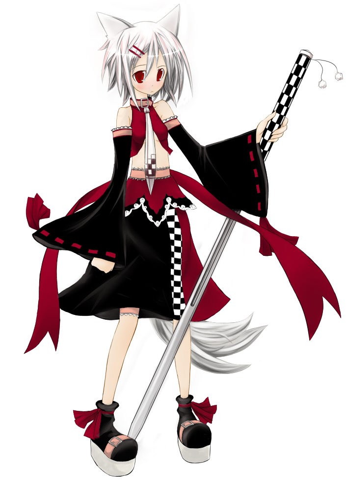 ashu13 (azu), ashu13 (pixiv), inubashiri momiji, touhou, platform footwear, silver hair, 1girl, animal ears, blush, detached sleeves, female focus, gothic lolita, lolita fashion, necktie, red eyes, ribbon, short hair, solo, sword, tail, weapon, wolf ears, wolf tail