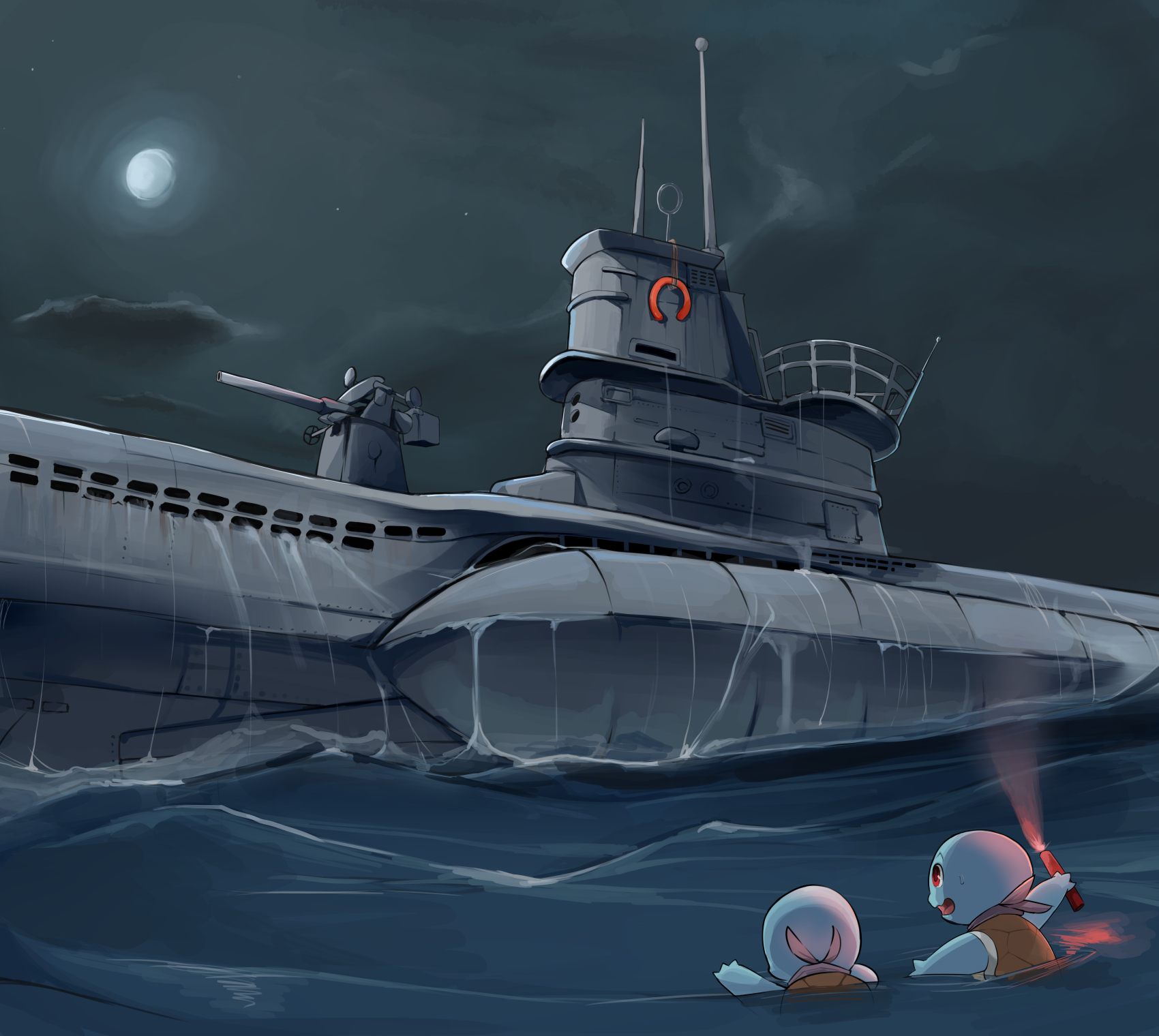 yupa (notebook14), squirtle, nintendo, pokemon, commentary, english commentary, highres, vehicle request, bandana, bandana around neck, battleship, cloud, flare, full moon, gen 1 pokemon, grey sky, military, military vehicle, moon, night, ocean, open mouth, pokemon (creature), red eyes, ship, sky, vehicle focus, warship, watercraft, waves, world war ii