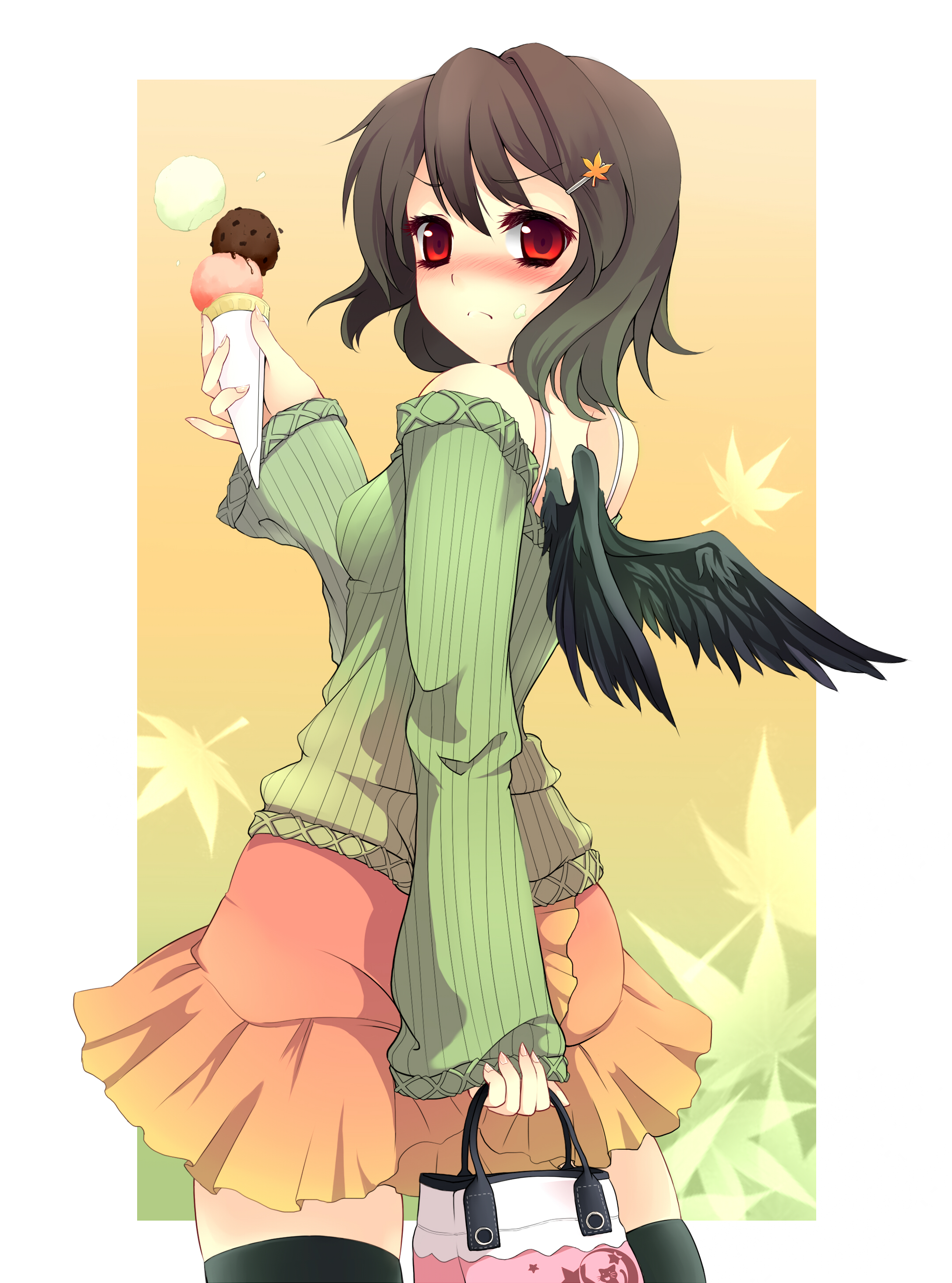uruu gekka, shameimaru aya, touhou, absurdres, bad id, bad pixiv id, highres, 1girl, alternate costume, bare shoulders, black hair, black wings, blush, casual, contemporary, female focus, food, ice cream, looking at viewer, red eyes, short hair, solo, wings