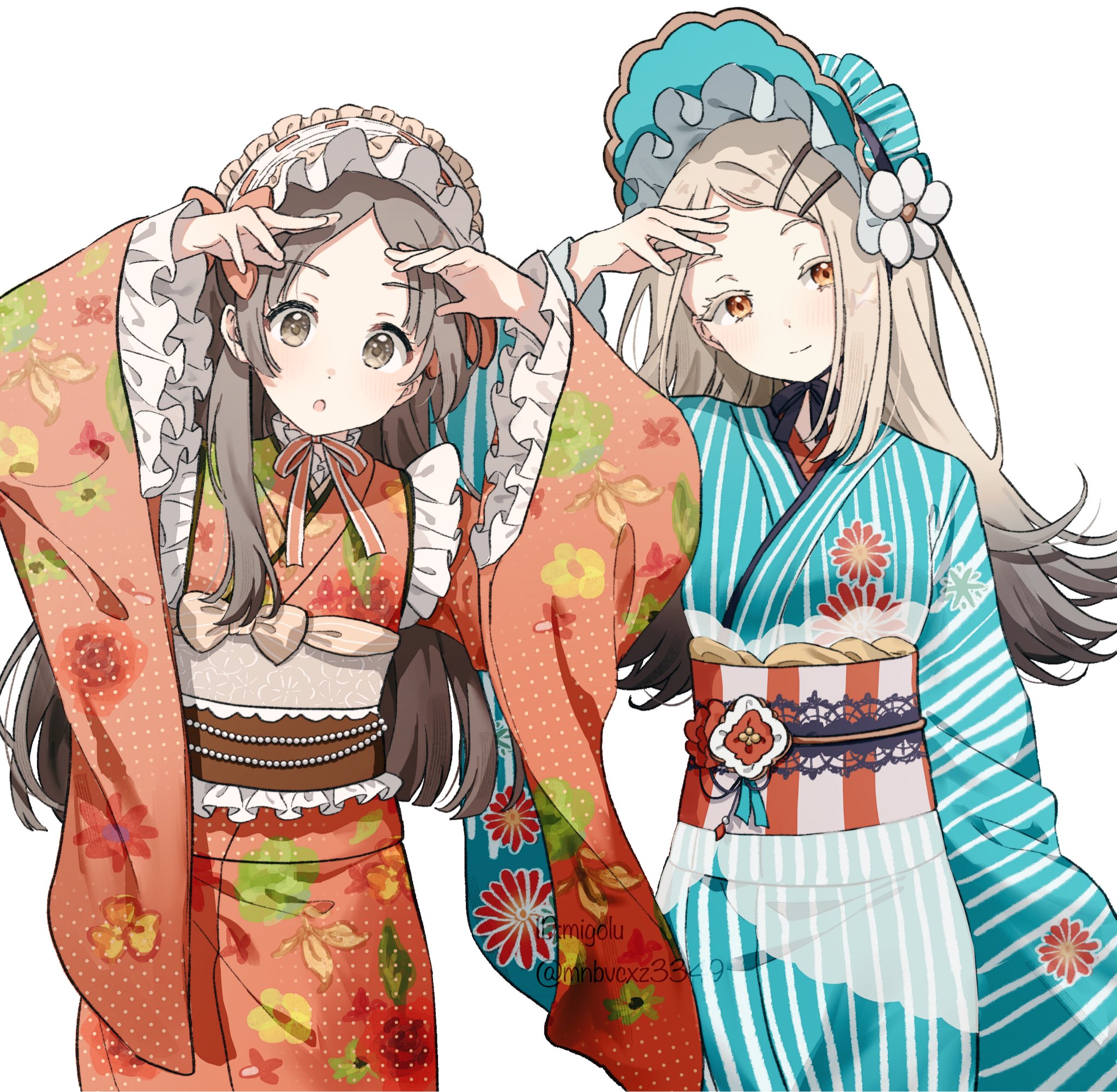 migolu, kuramoto china, shinosawa hiro, gakuen idolmaster, idolmaster, highres, 2girls, :o, bonnet, bow, flower, forehead, frills, hair ornament, hairclip, japanese clothes, kimono, multiple girls, obi, parted bangs, sash, smile