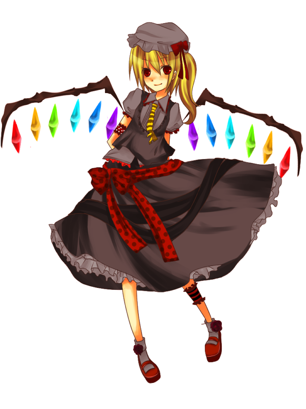 ia (artist), ia (carat), flandre scarlet, touhou, bad id, bad pixiv id, 1girl, alternate color, arms behind back, blonde hair, female focus, gothic lolita, hat, lolita fashion, ponytail, red eyes, short hair, side ponytail, solo, wings