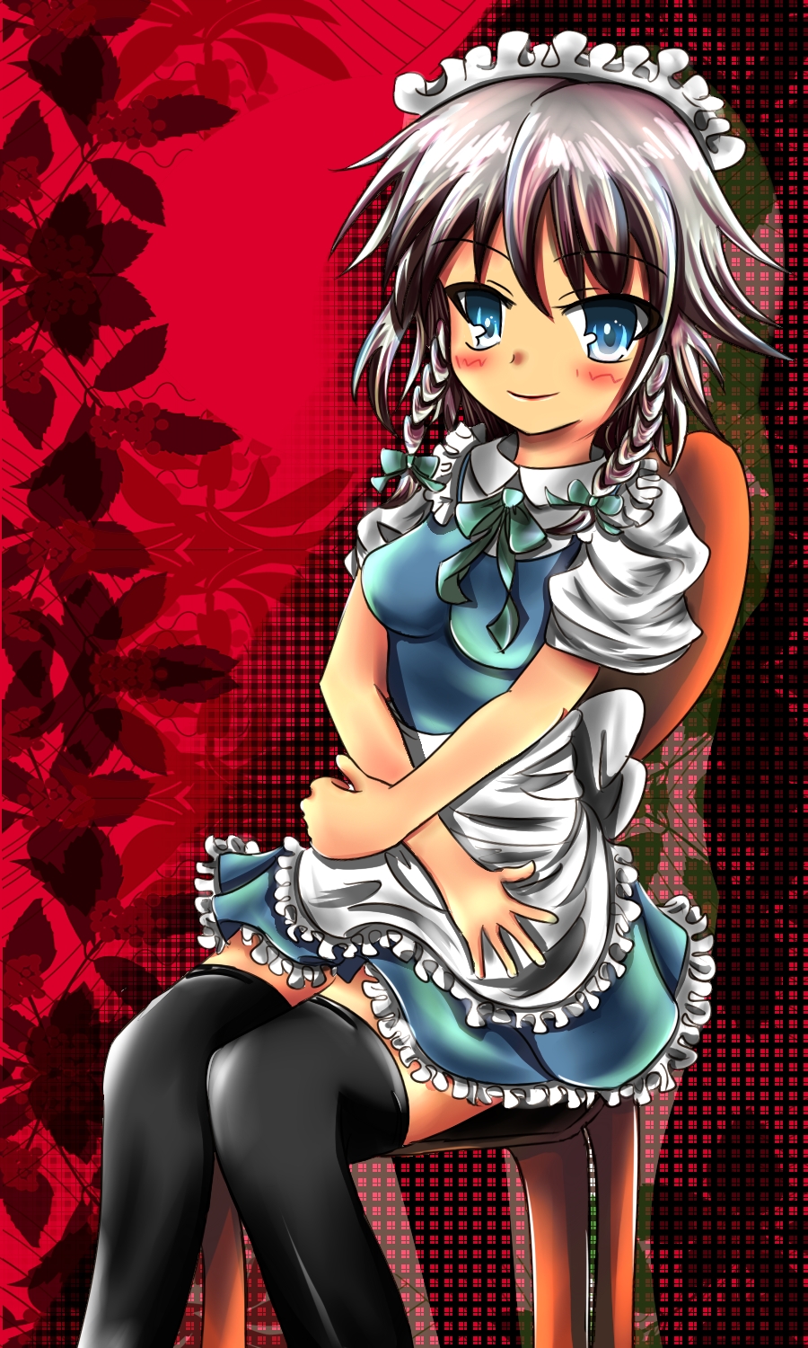 okaji, izayoi sakuya, touhou, silver hair, highres, 1girl, black thighhighs, blue eyes, braid, breasts, female focus, leaf, maid, ribbon, short hair, sitting, solo, thighhighs, twin braids