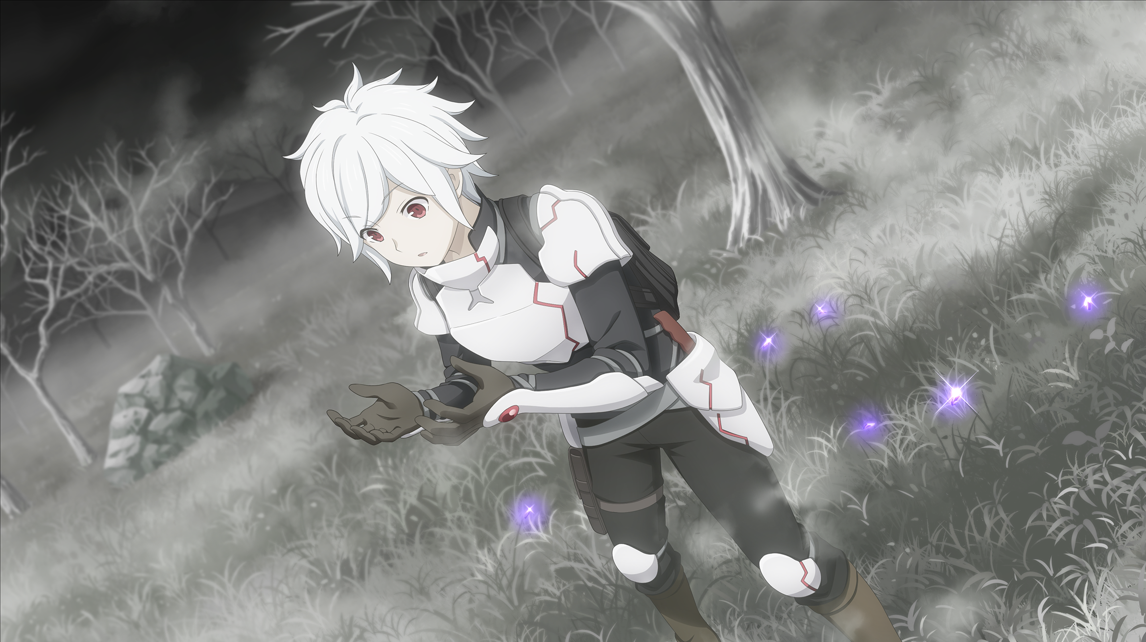 bell cranel, danmachi battle chronicle, dungeon ni deai wo motomeru no wa machigatteiru darou ka, game cg, highres, non-web source, official art, 1boy, anime coloring, armor, backpack, bag, bare tree, belt, black gloves, black pants, black shirt, boots, breastplate, brown boots, couter, faulds, fog, gloves, grey background, grey belt, looking at hands, male focus, pants, parted lips, pauldrons, pouch, red eyes, shirt, short hair, shoulder armor, solo, standing, thigh pouch, tree, vambraces, white hair