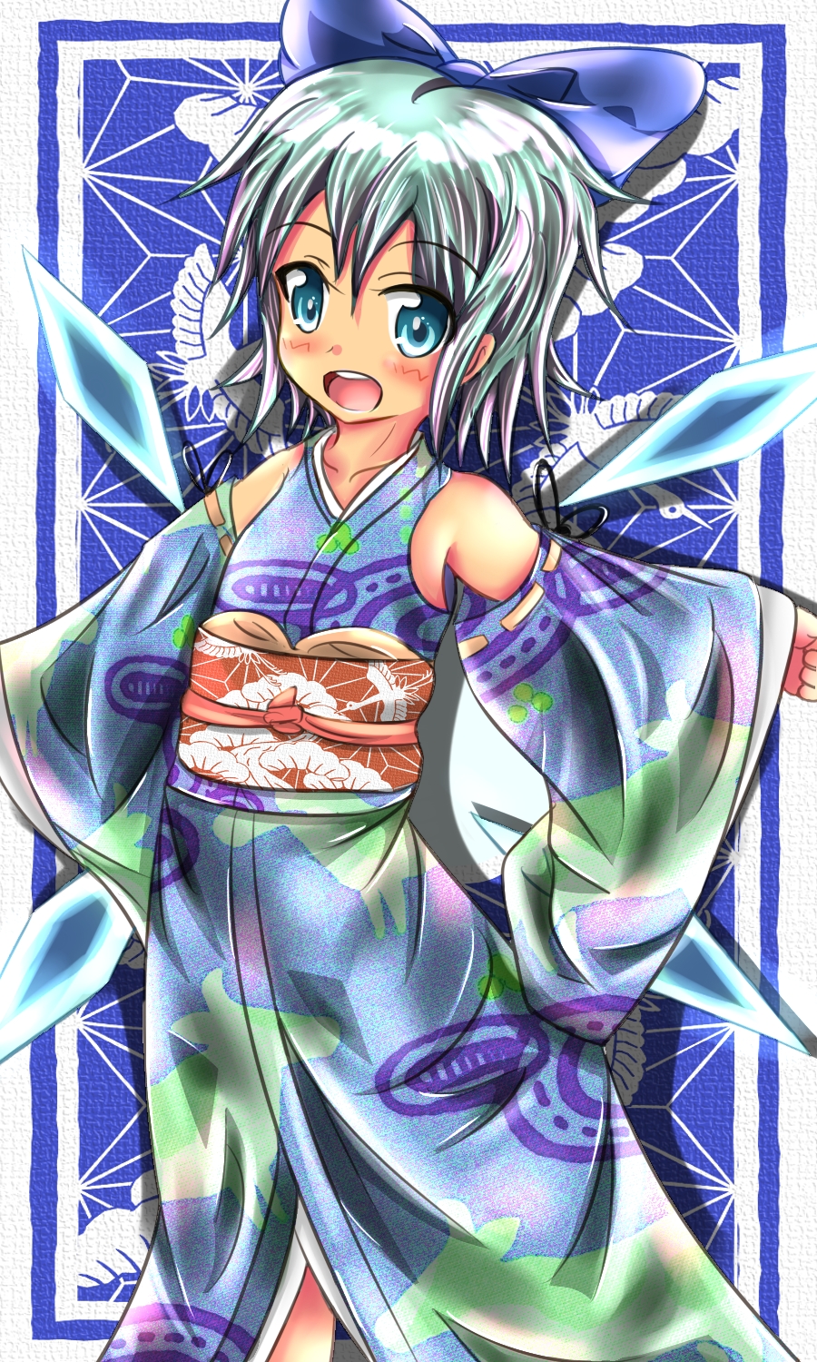 okaji, cirno, touhou, silver hair, highres, 1girl, armpits, blue eyes, detached sleeves, female focus, japanese clothes, kimono, ribbon, short hair, solo, wings