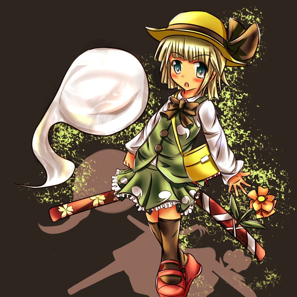 okaji, konpaku youmu, konpaku youmu (ghost), touhou, silver hair, 1girl, aged down, bag, blue eyes, blush, female focus, flower, hat, hitodama, katana, kindergarten, school bag, short hair, solo, sword, weapon