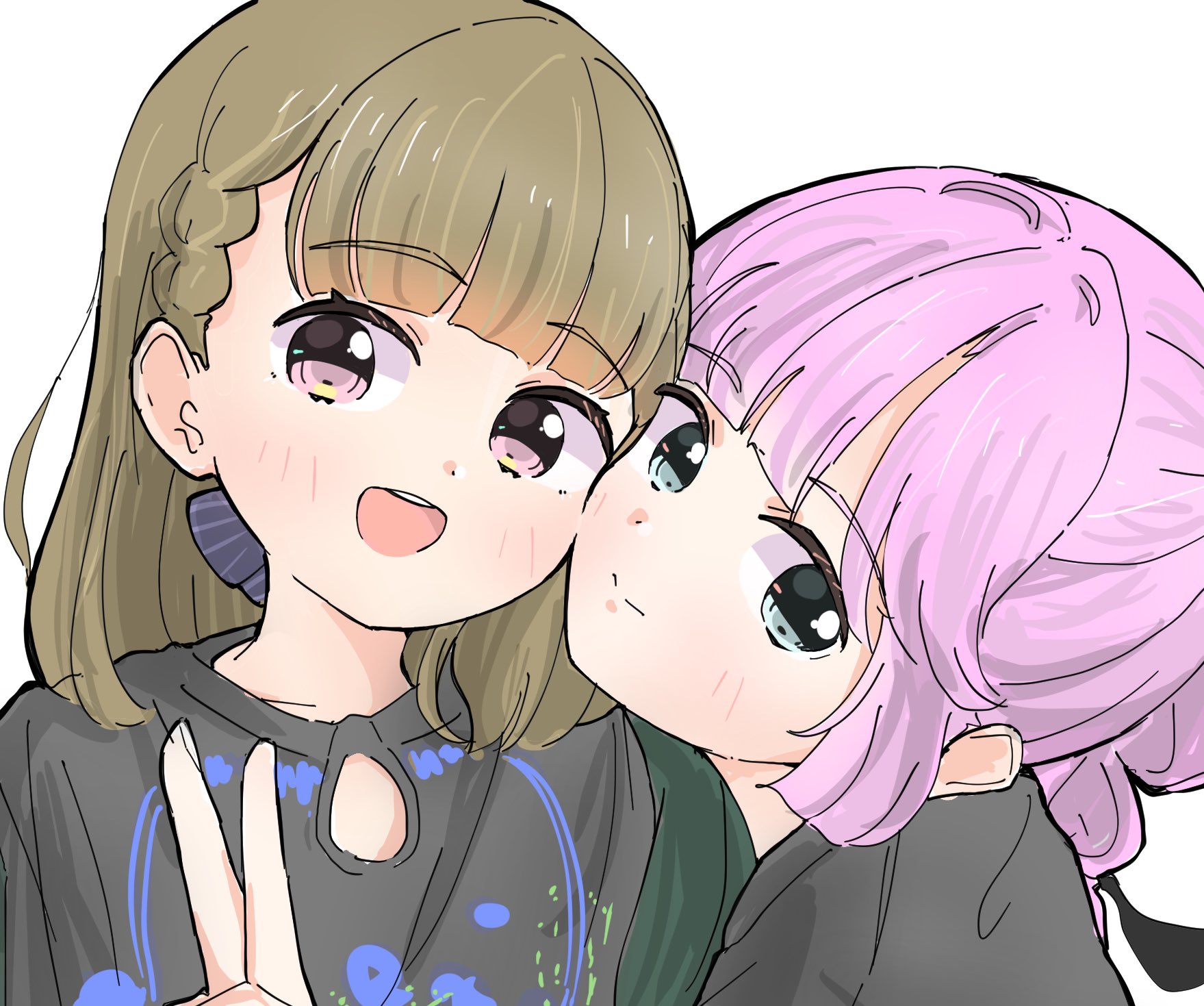 tazaki masanobu, anyoji hime, kachimachi kosuzu, link! like! love live!, love live!, commentary, highres, 2girls, 5th live tour ~4pair power spread!!!!~, :d, above-cleavage cutout, black ribbon, black shirt, blue eyes, braid, brown hair, center-flap bangs, cheek-to-cheek, closed mouth, clothing cutout, hair ribbon, hayama fuka, heads together, kurusu rin, long hair, looking at viewer, multi-tied hair, multiple girls, open mouth, pink eyes, pink hair, ponytail, ribbon, shirt, side braids, simple background, smile, split mouth, teeth, upper body, upper teeth only, v, virtual youtuber, voice actor connection, white background