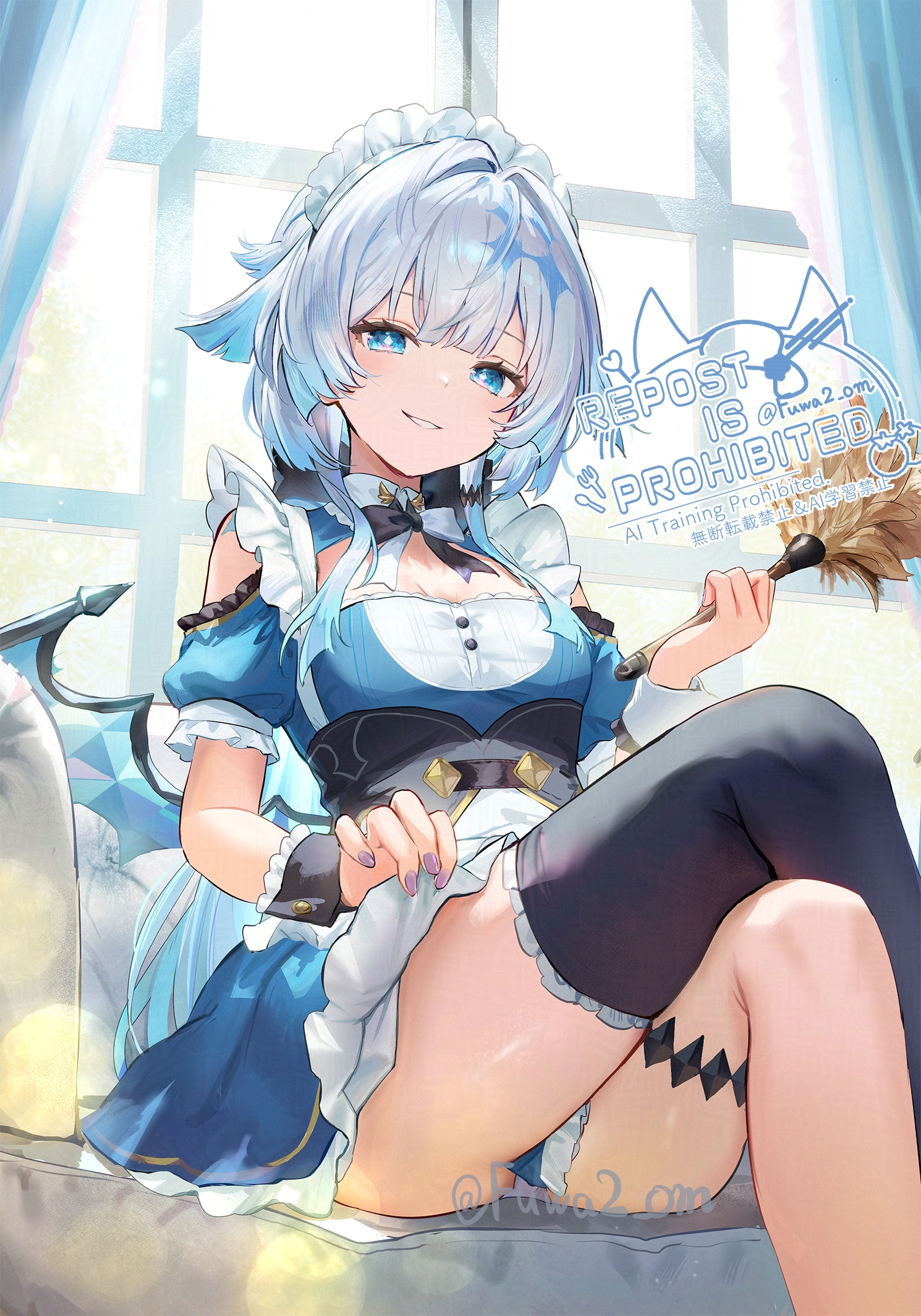 omelet tomato, cerydra (honkai: star rail), honkai: star rail, honkai (series), commentary request, highres, 1girl, alternate costume, black thighhighs, blue dress, blue eyes, blue hair, breasts, crossed legs, curtains, dress, hair intakes, holding, indoors, long hair, looking at viewer, maid, maid headdress, medium breasts, panties, single thighhigh, solo, thigh strap, thighhighs, thighs, underwear, very long hair, white panties, window, wings
