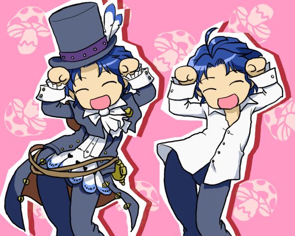 hige (artist), hige (yosemite), frederic chopin (trusty bell), trusty bell, bad id, bad pixiv id, 2boys, caramelldansen, dual persona, hat, male focus, multiple boys, pink background