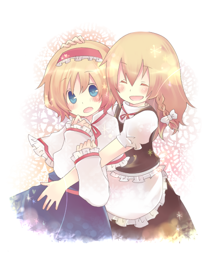 maimu (polka), alice margatroid, kirisame marisa, touhou, bad id, bad pixiv id, 2girls, blonde hair, blue eyes, blush, braid, closed eyes, female focus, hairband, hug, multiple girls, short hair, smile