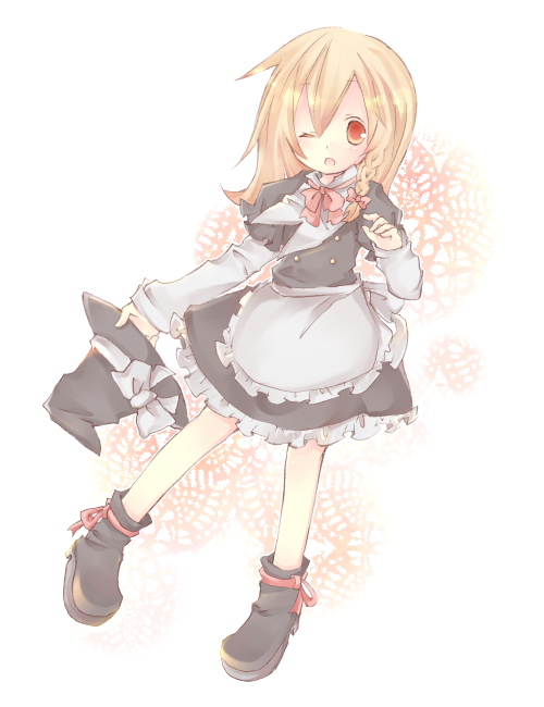 maimu (polka), kirisame marisa, touhou, 1girl, aged down, blonde hair, braid, dress, female focus, full body, hat, solo, white background, wink, witch, witch hat